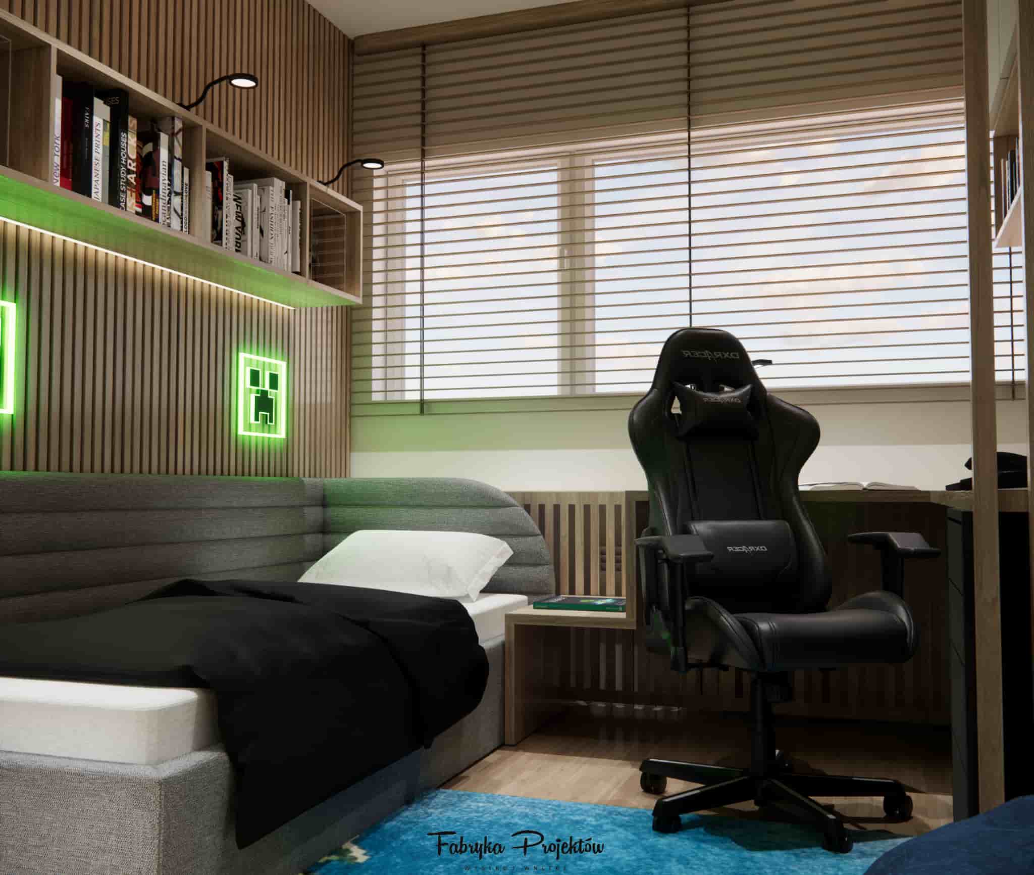 Bed zone in a boy’s room with an upholstered corner headboard, Creeper neon lights, and a gaming chair