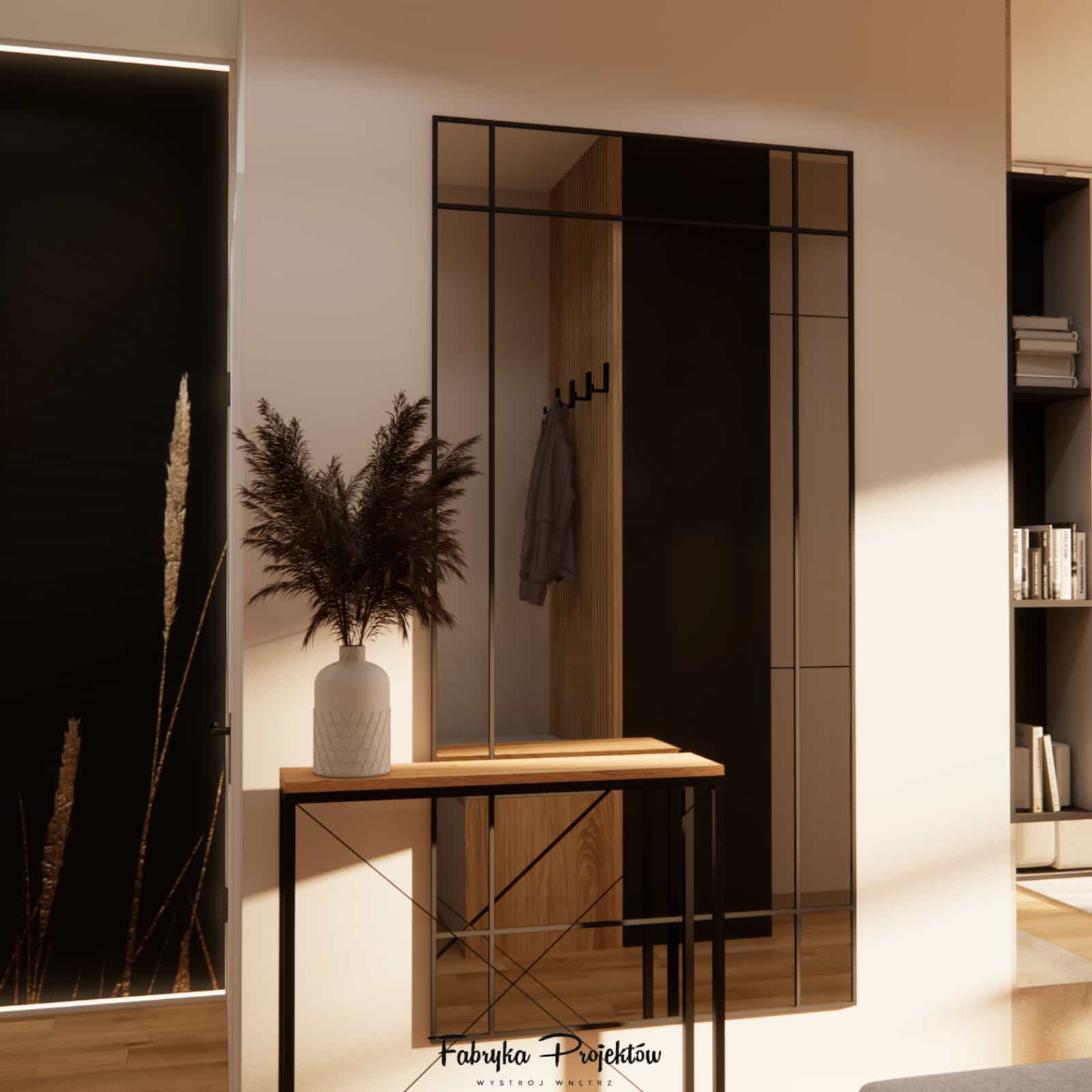Entrance hall arrangement in a 49m2 apartment – decorative wall and cohesive interior design