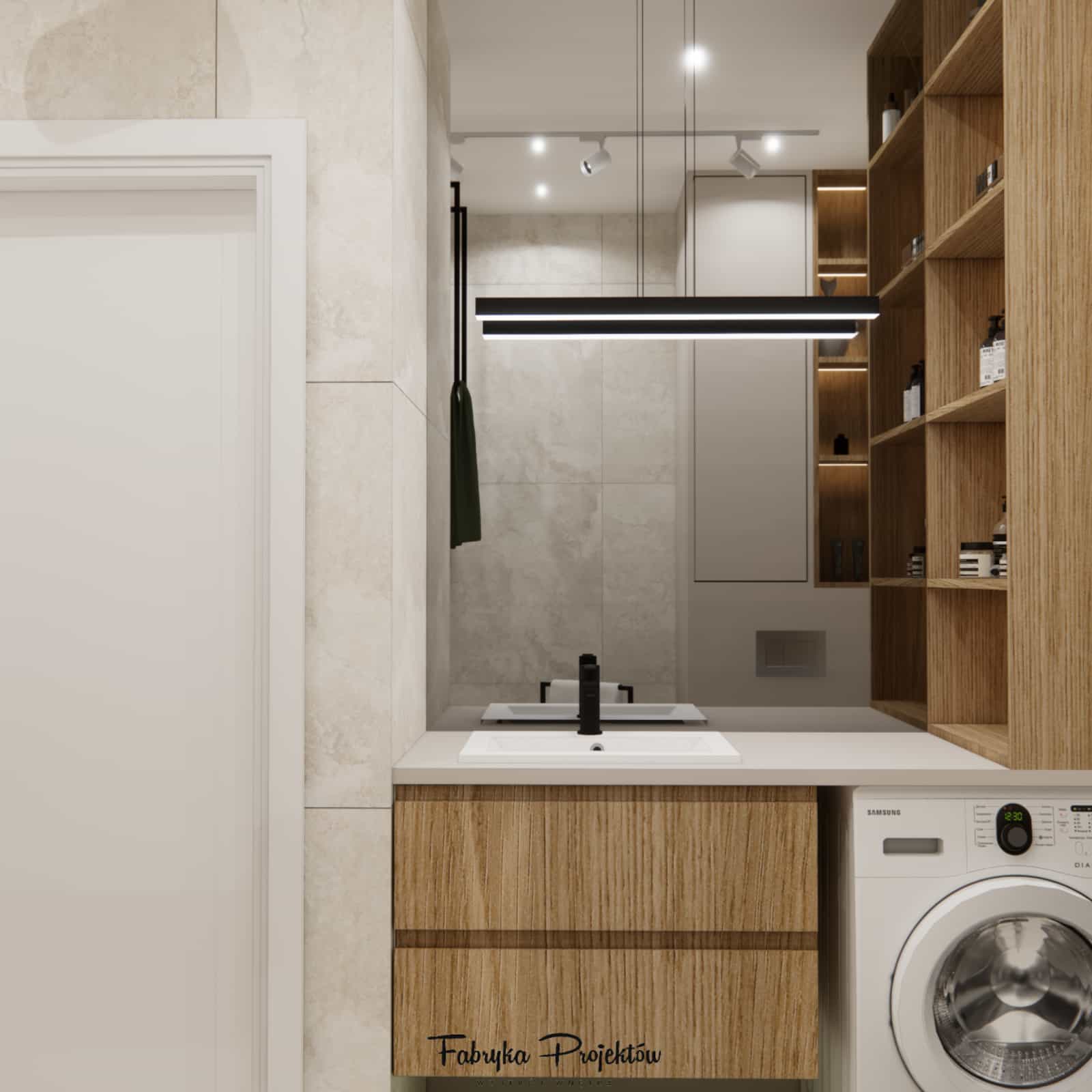 Bathroom in a 49m2 apartment – bright interior with wood, built-in furniture, and modern lighting