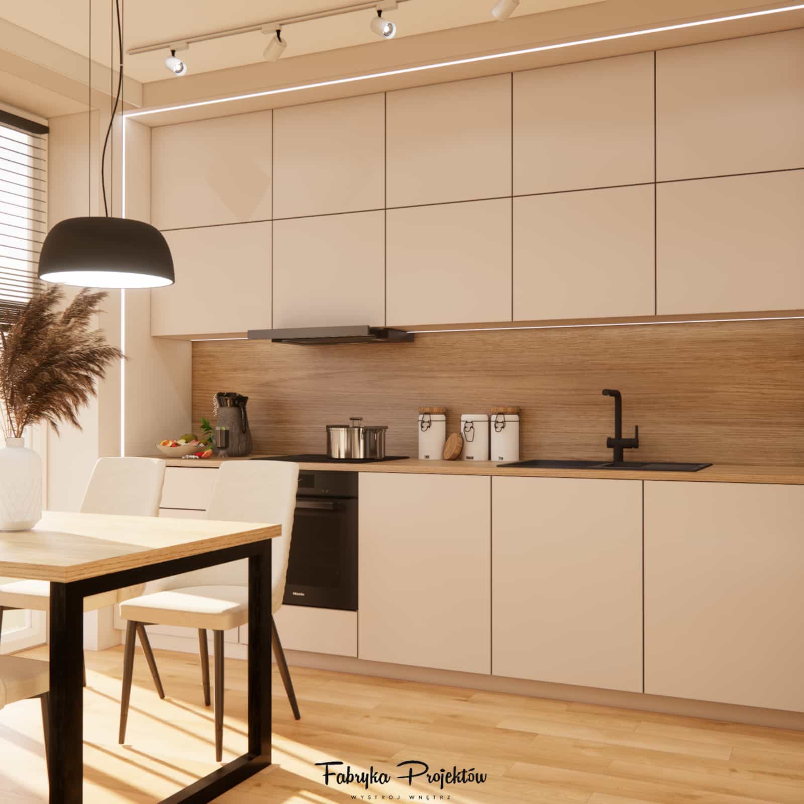 Modern kitchen in an apartment block – beige cabinetry, wooden countertop, and black details