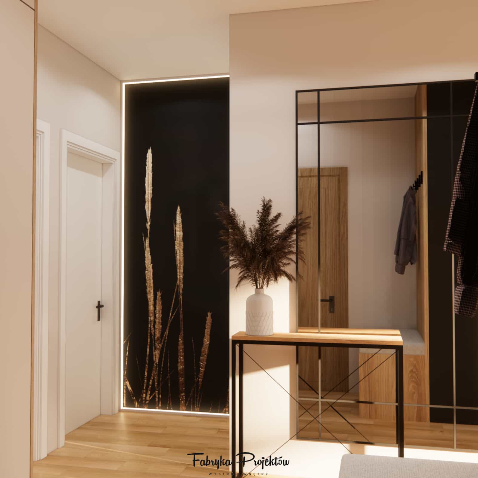 Entrance hall in an apartment block – custom-built furniture, mirror, and warm materials
