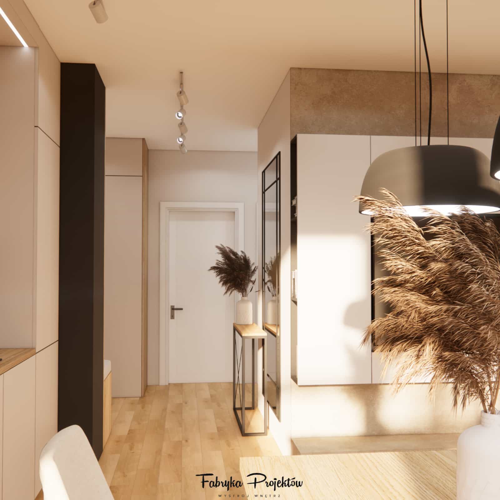 Living room with kitchenette in a 49m2 apartment – bright interior design in beiges, wood, and black