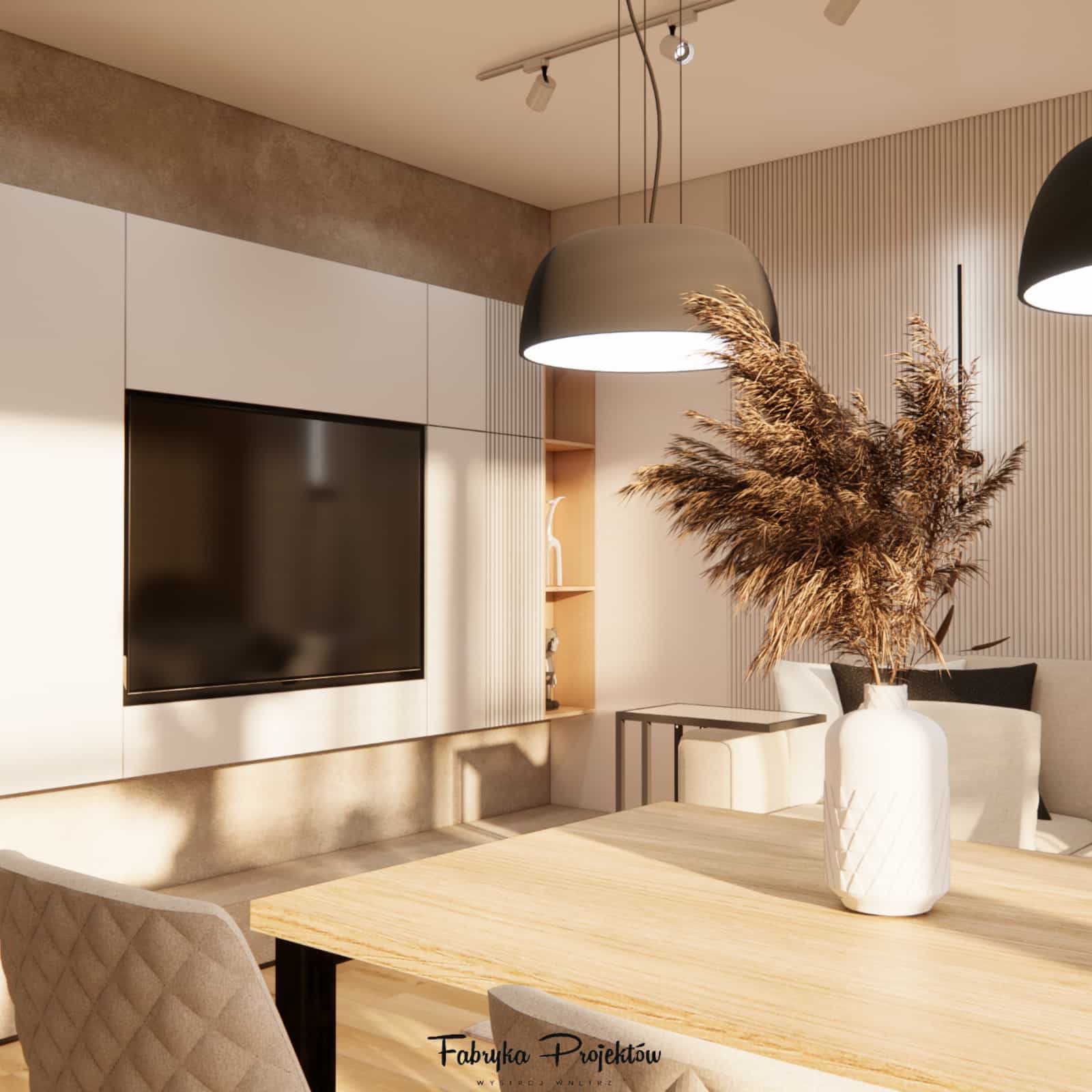 Living room with dining area in a 49m2 apartment – natural light, wood, and bright color palette