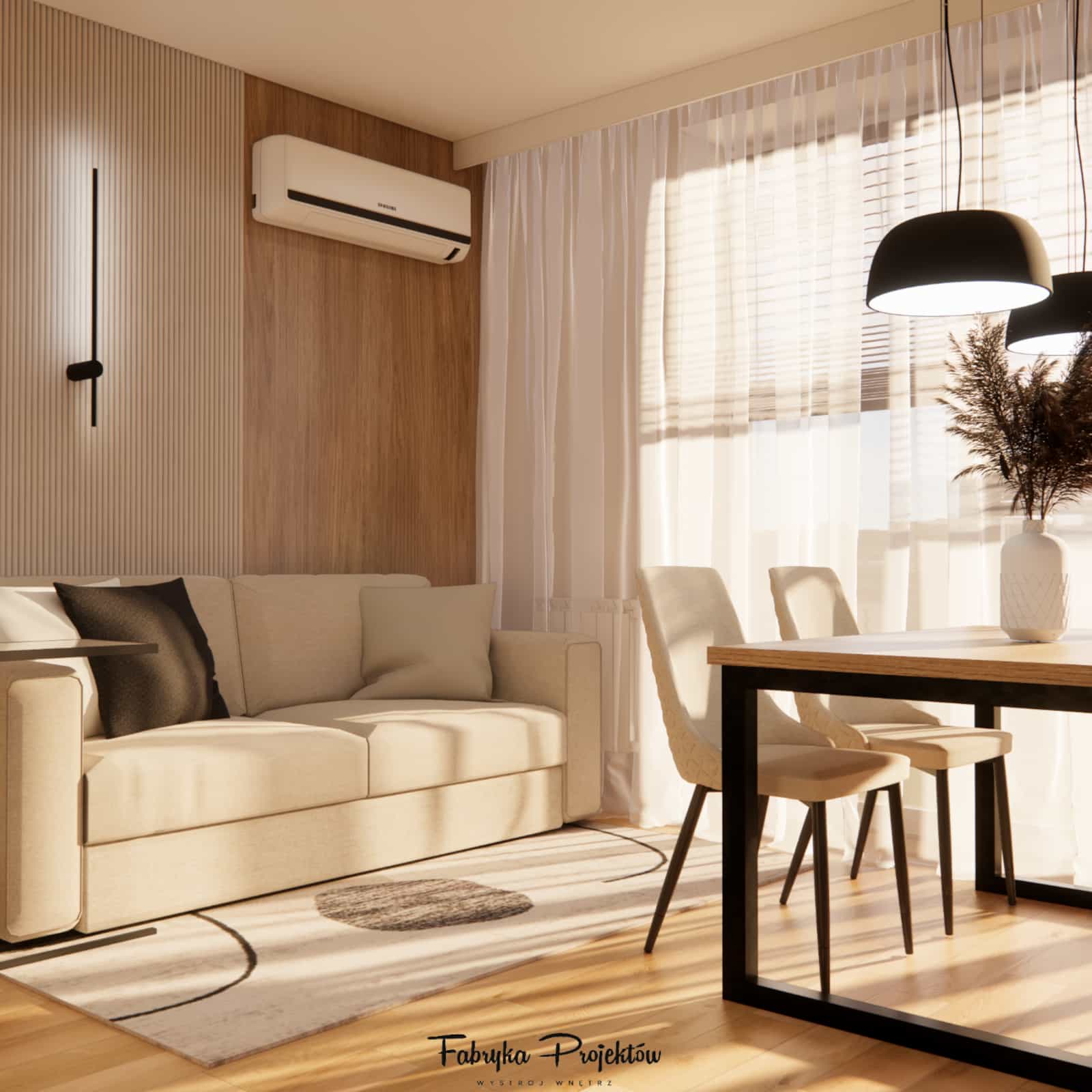 Relaxation zone in the living room – sofa, TV unit, and cohesive interior design of a 49m2 apartment
