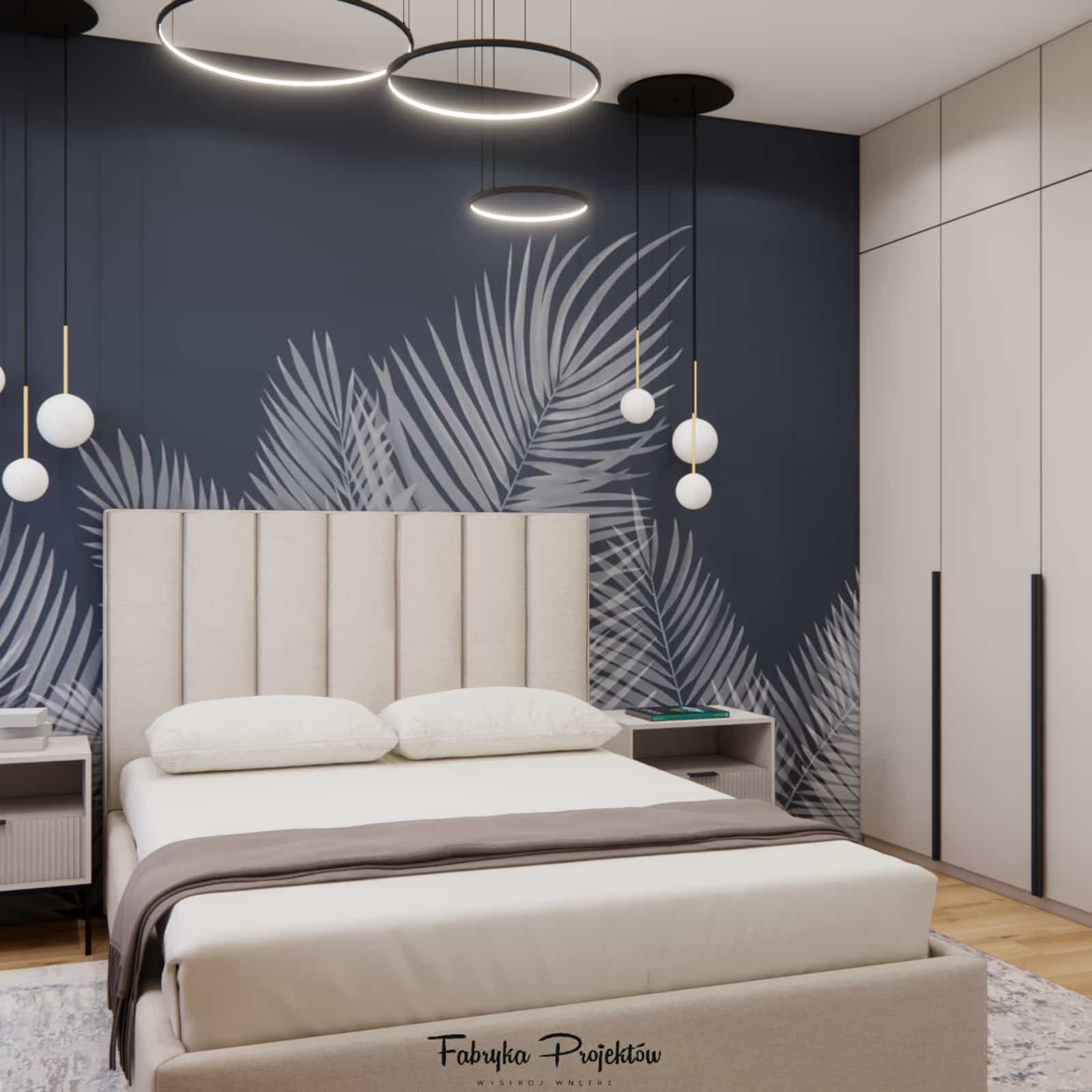 Bedroom in a 49m2 apartment – calm interior arrangement with an upholstered bed and built-in storage