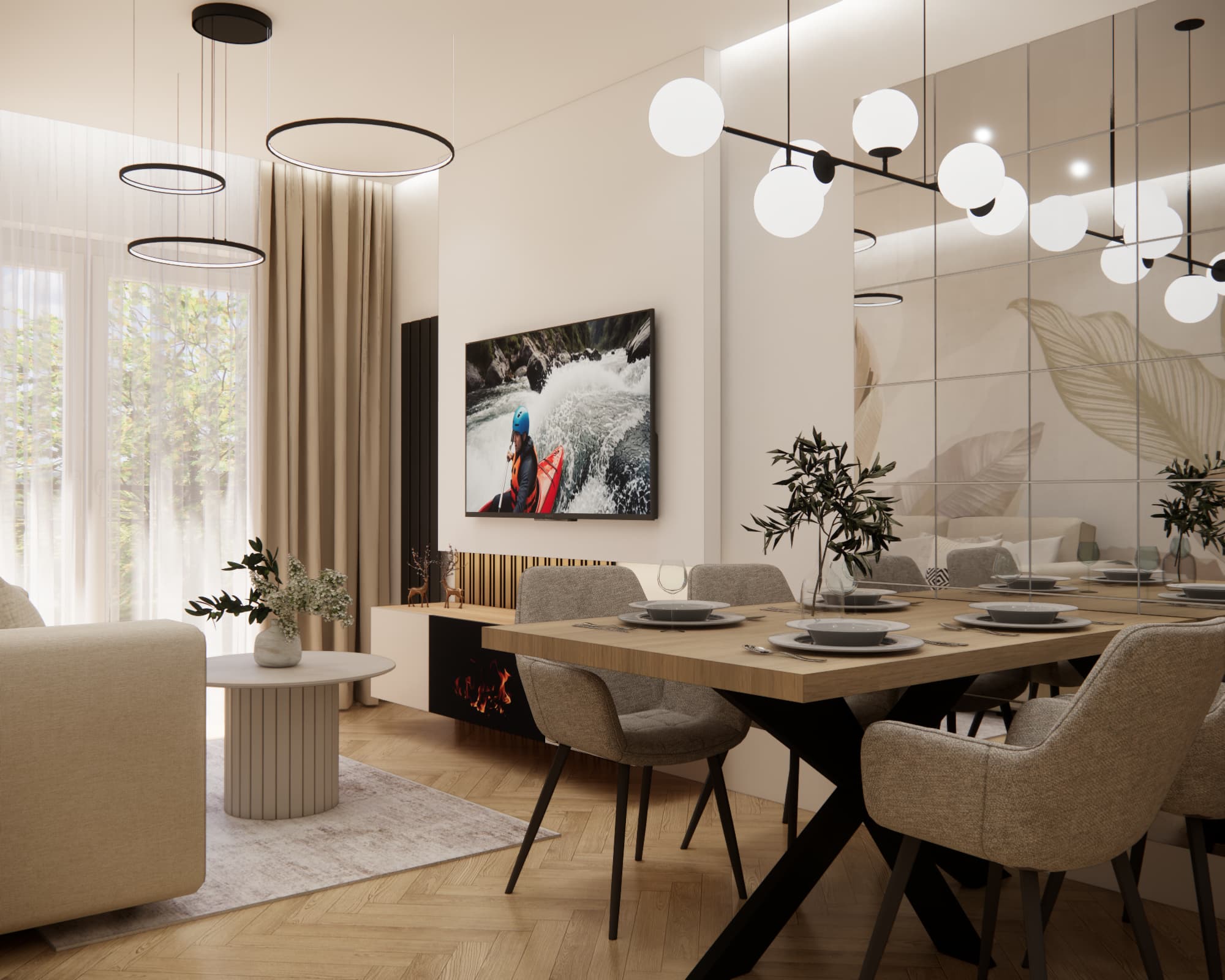 42 m² apartment design in Newport – living room with dining area, mirrored wall and TV wall