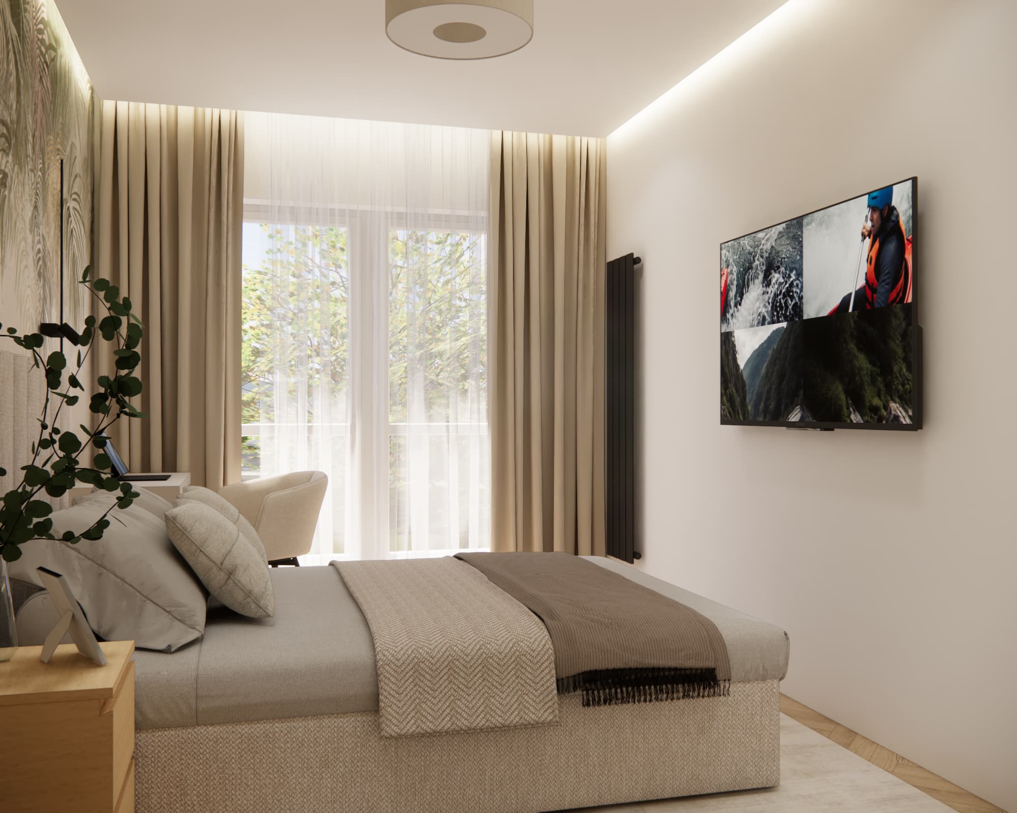 Bedroom with large bed, wall-mounted TV and light interior in a 42 m² apartment