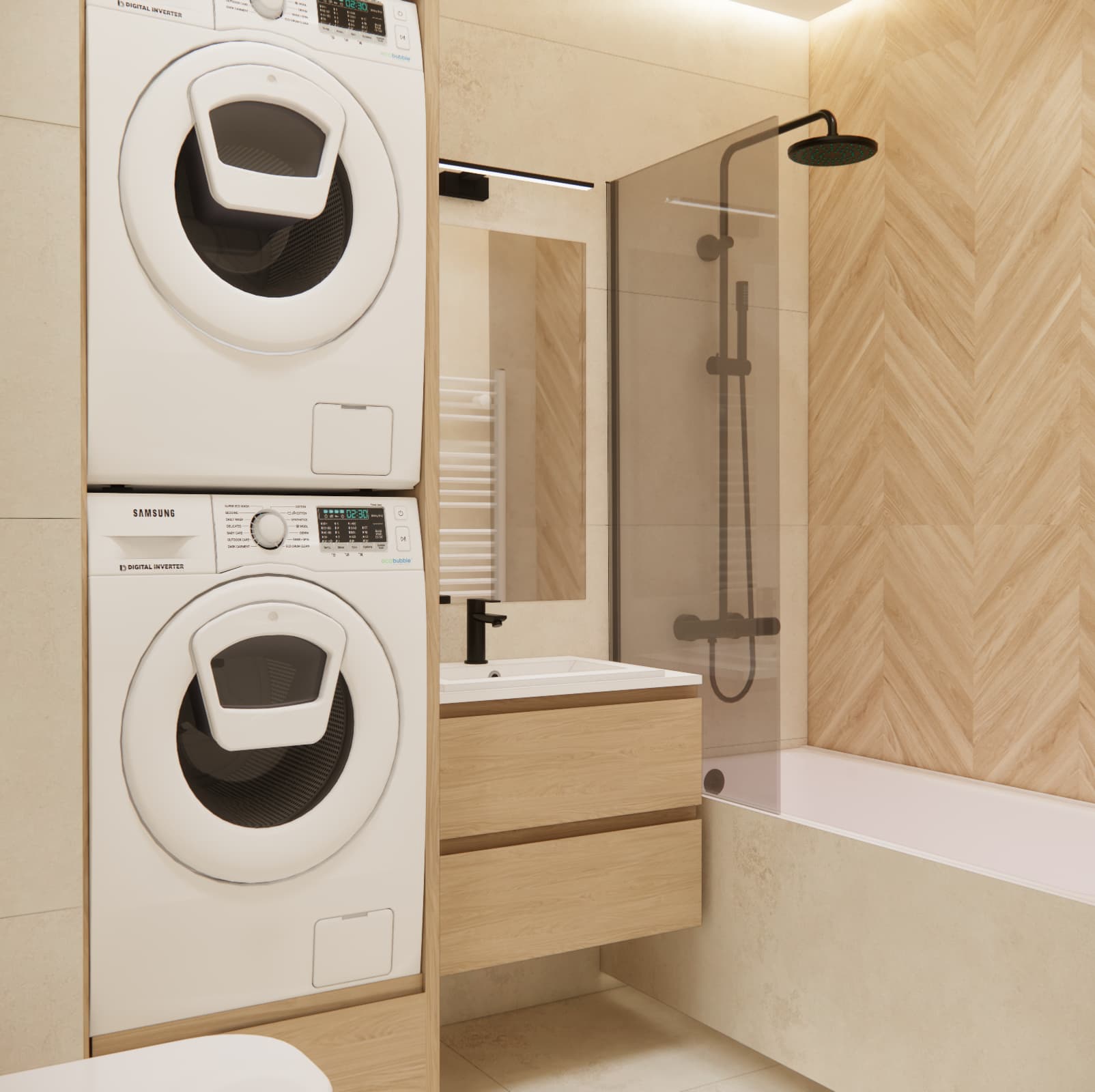 Beige and wood bathroom with bathtub, black shower, washing machine and tumble dryer