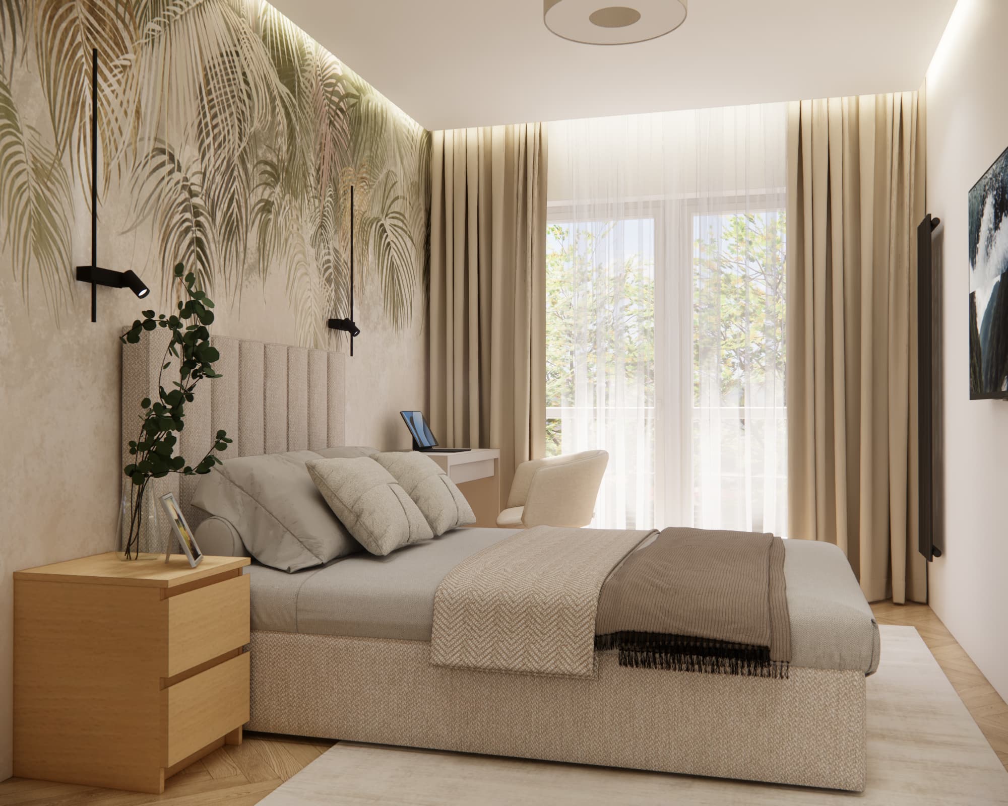 Beige bedroom design with upholstered bed and botanical leaf wallpaper