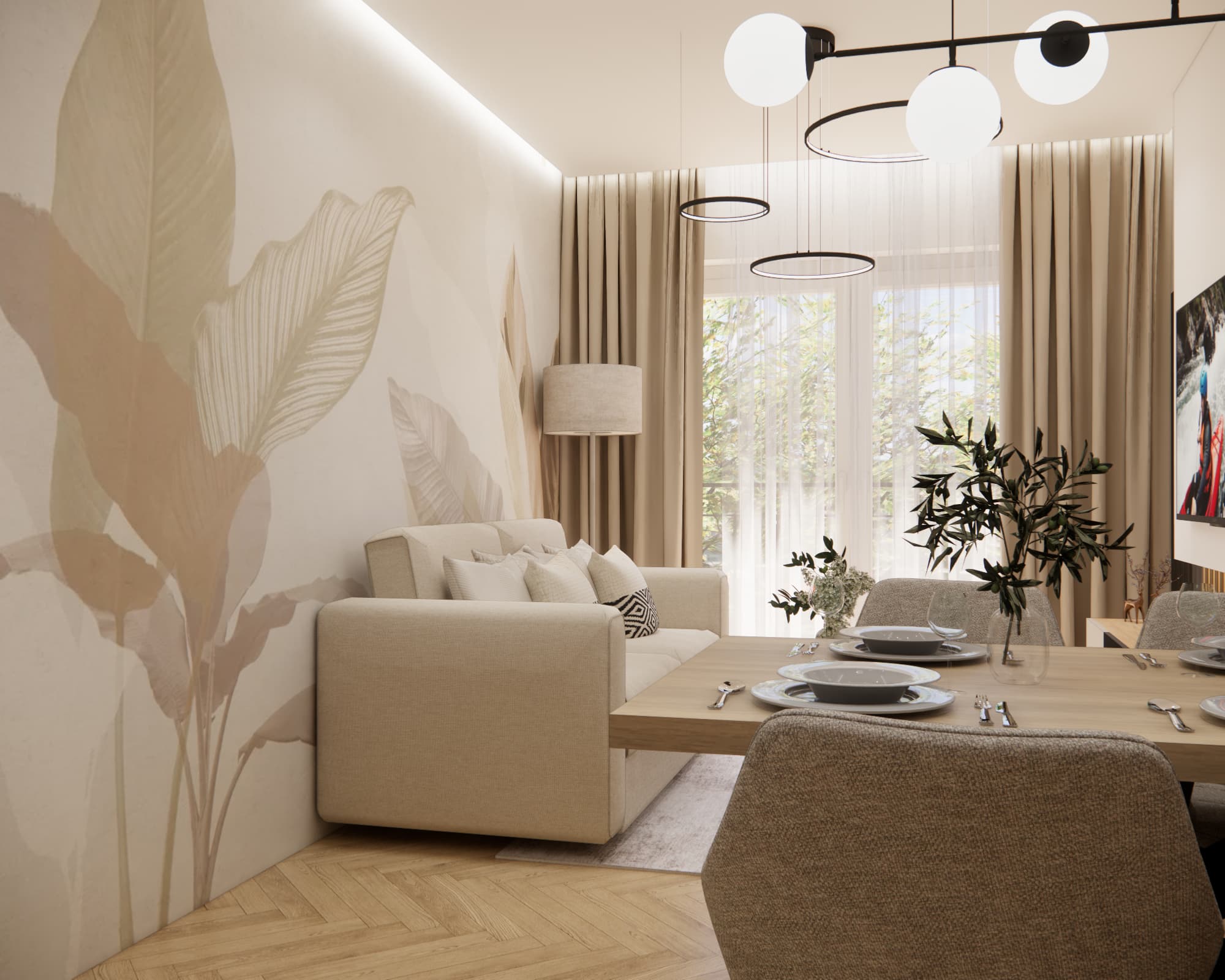 Beige living room design with sofa and decorative botanical wallpaper in a 42 m² apartment