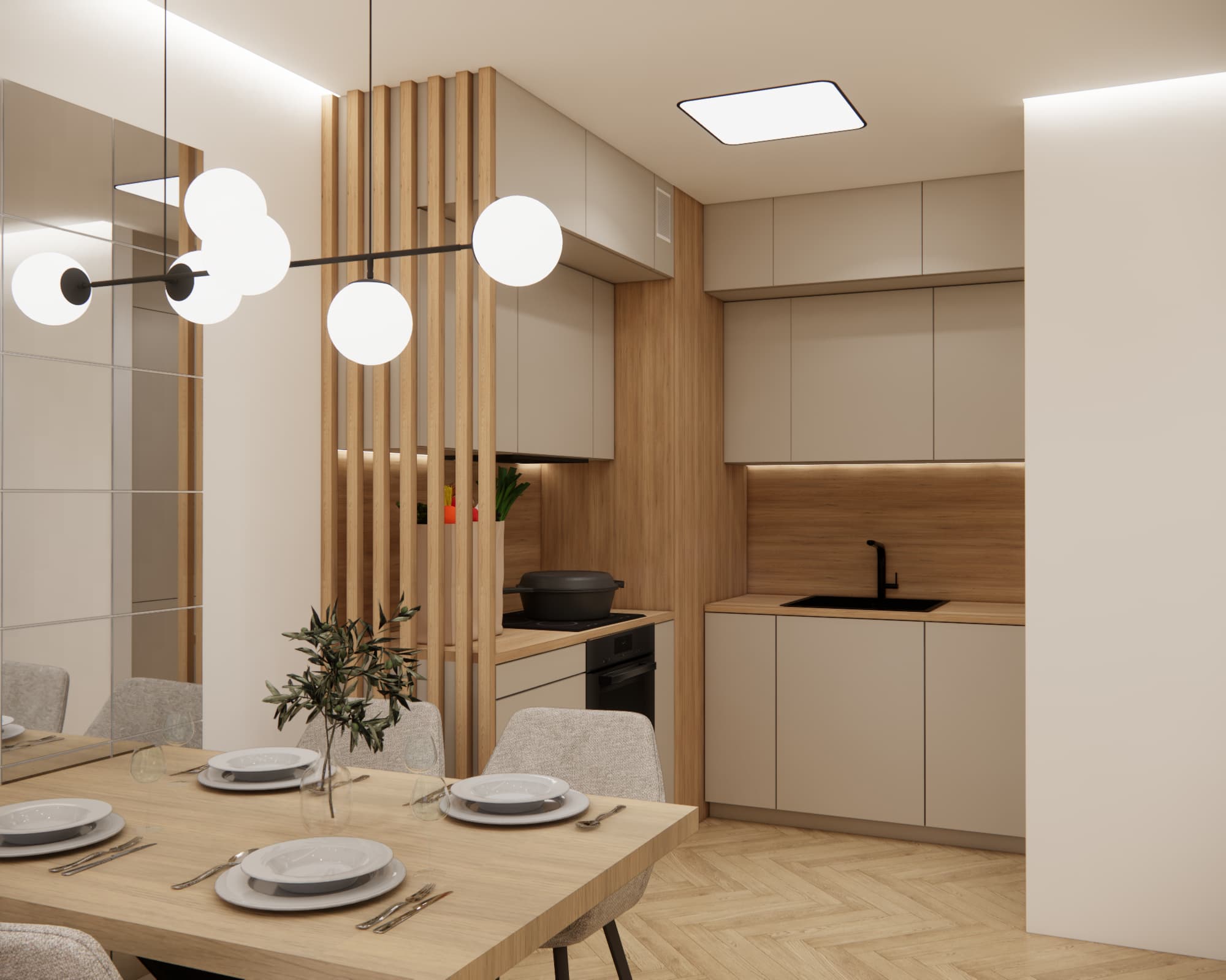 Cashmere kitchen with wood finishes in a Newport apartment design