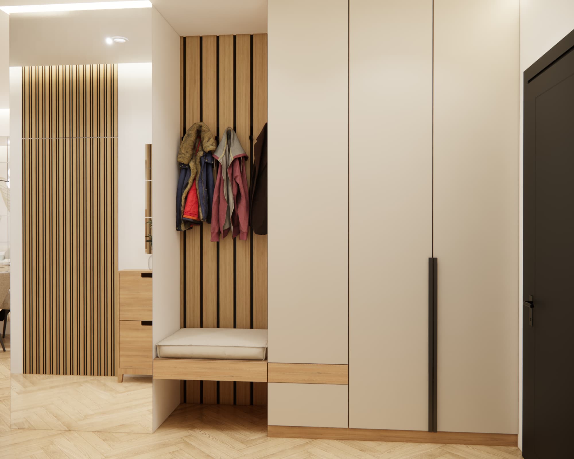 Hallway design with wardrobe, bench seat, mirror and vertical wooden slats