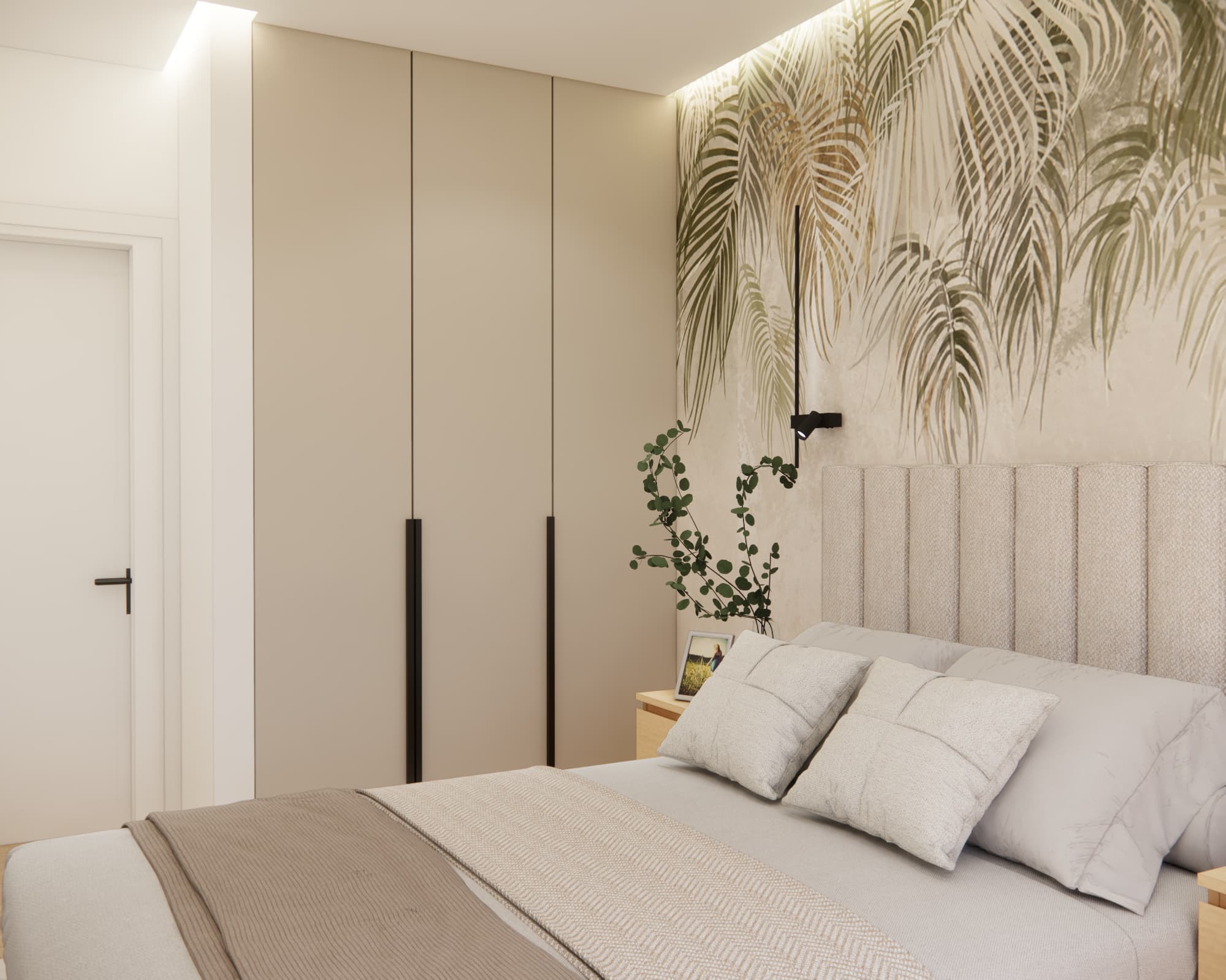 Large custom-made wardrobe in a beige bedroom with an upholstered headboard