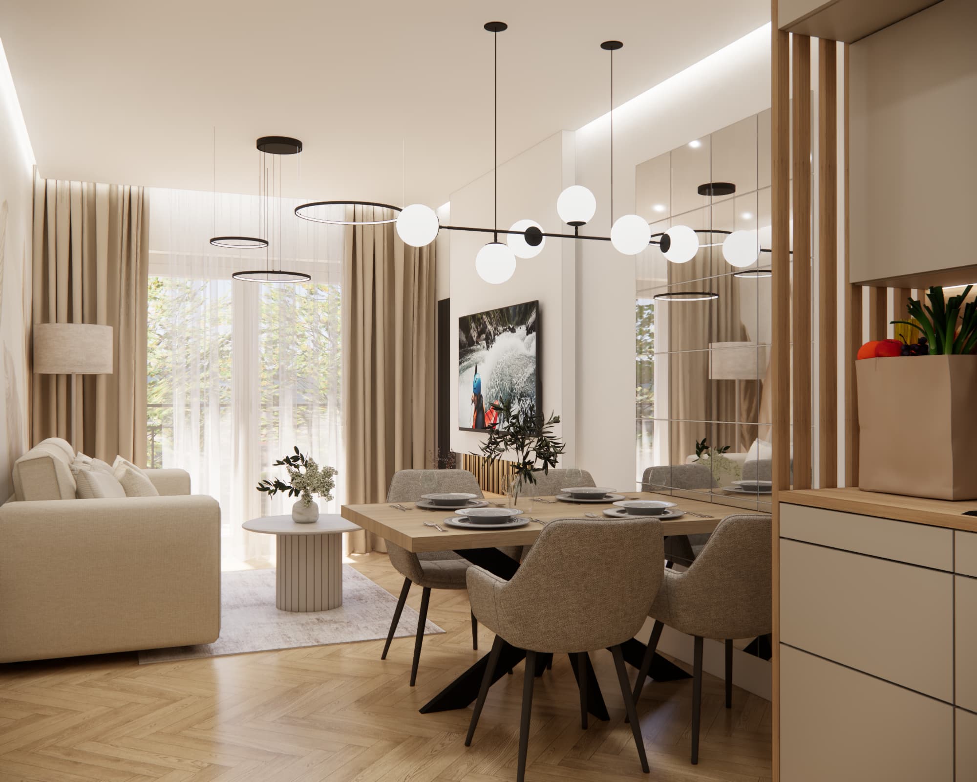 Living room with dining area in a 42 m² apartment – large table, mirrored wall and beige interior