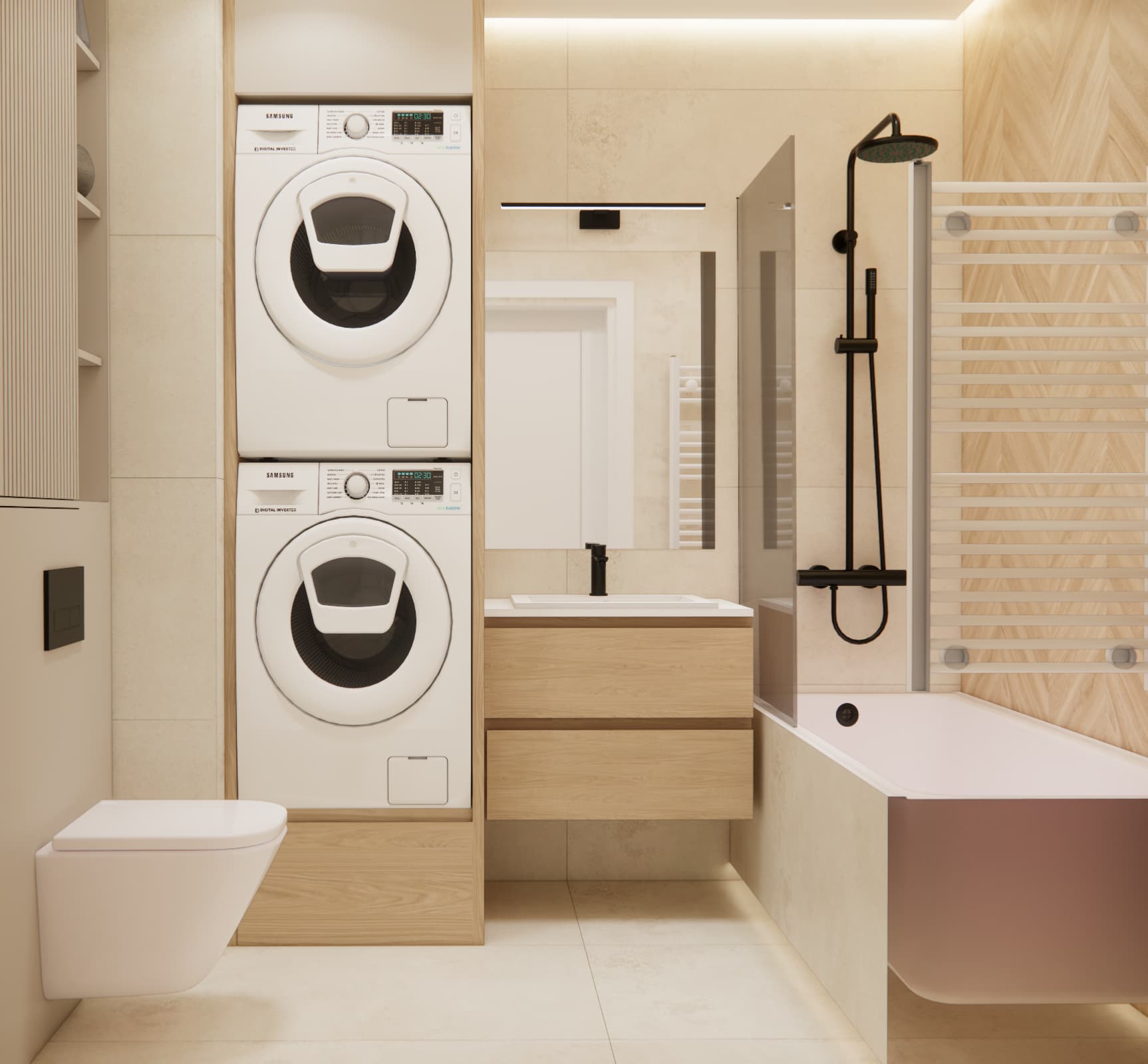 Small bathroom design with bathtub, shower, washing machine and tumble dryer in built-in cabinetry