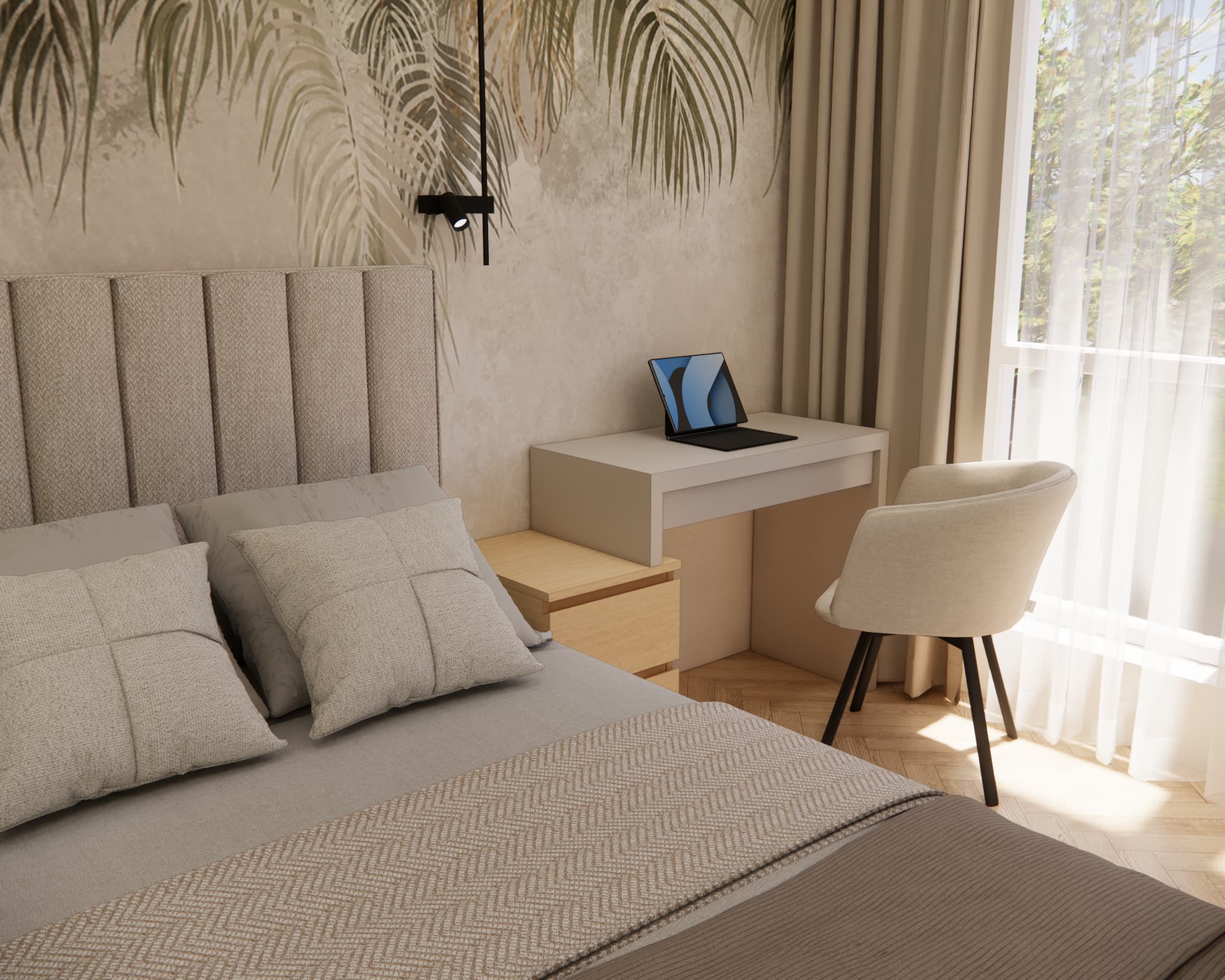 Small bedroom desk by the window in a functional 42 m² apartment design