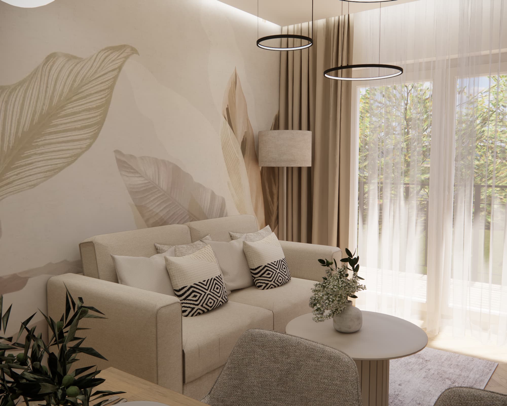 Small living room design with beige sofa, leaf wallpaper and LED lighting