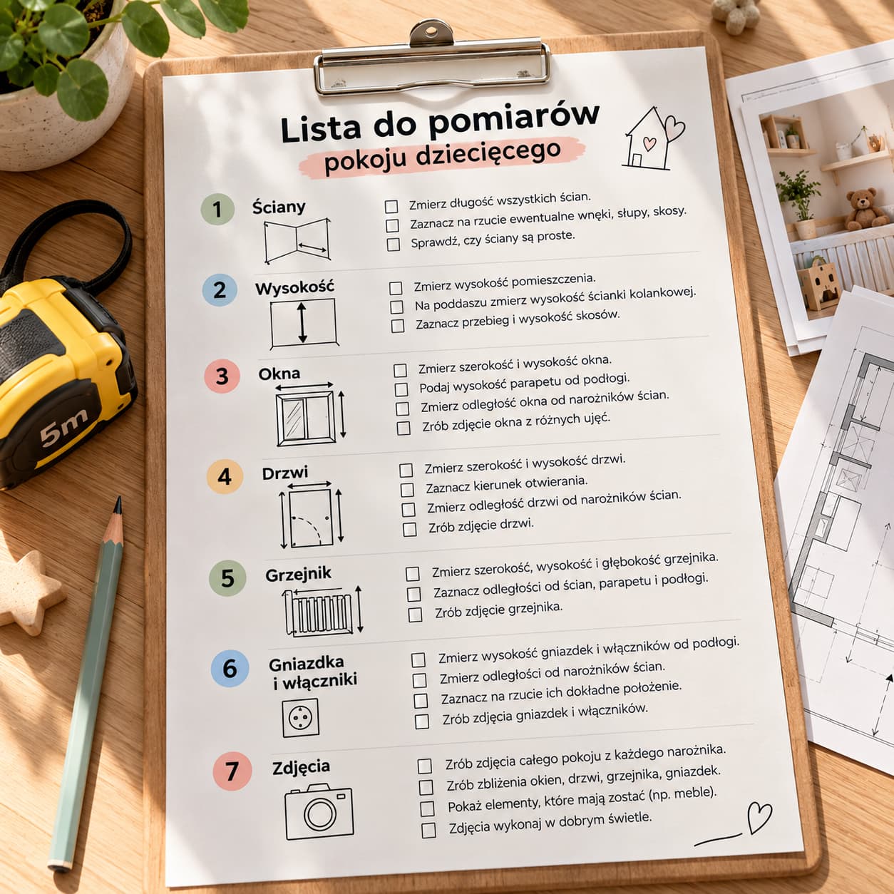 Checklista pomiarów pokoju dziecka do projektu online