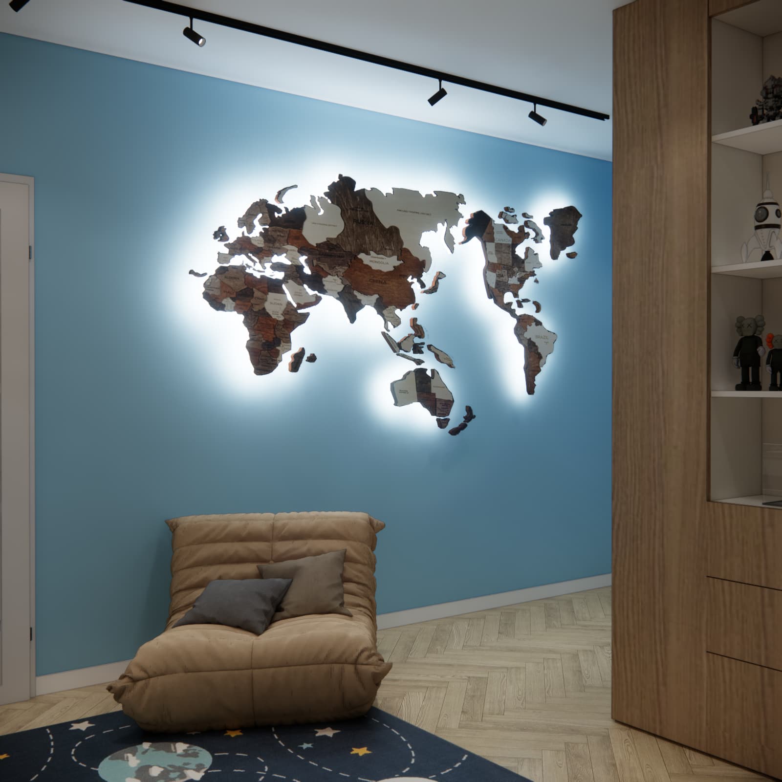 Backlit world map on a light blue wall above a beige armchair in Dawid’s room
