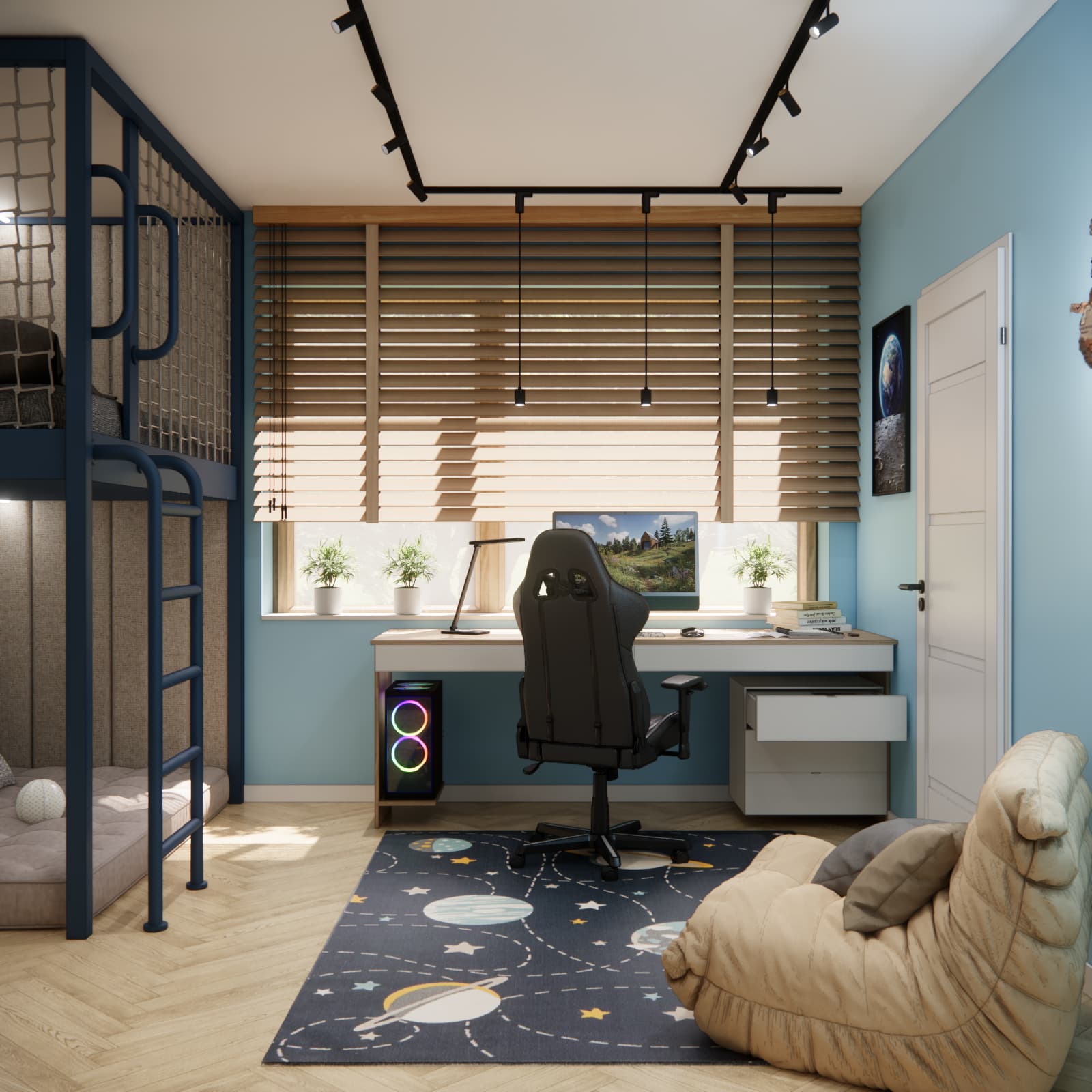 Dawid’s room with a desk beneath the window, a door to the walk-in wardrobe and a navy loft bed