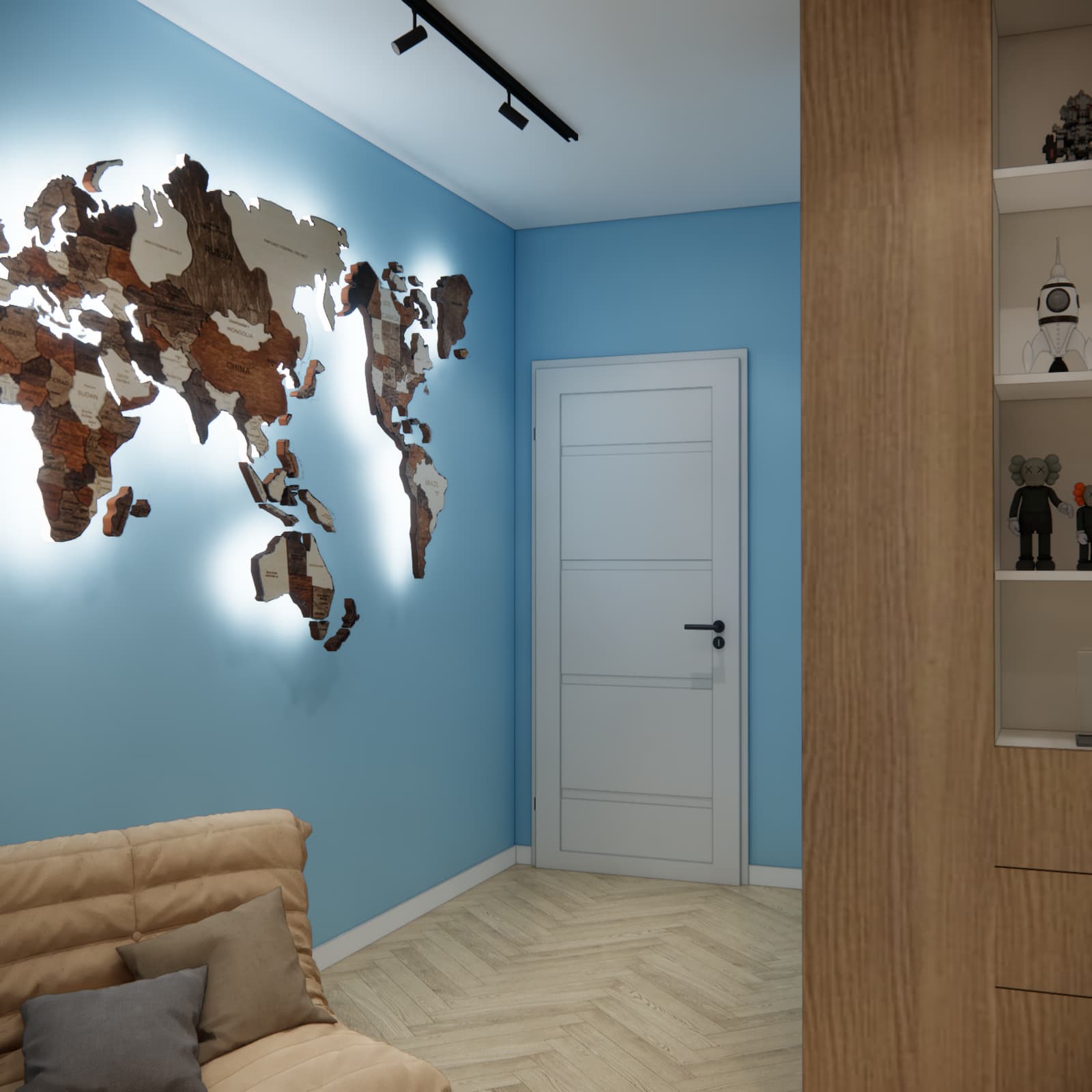Detail of the backlit world map, light blue walls and built-in cabinetry with open shelves