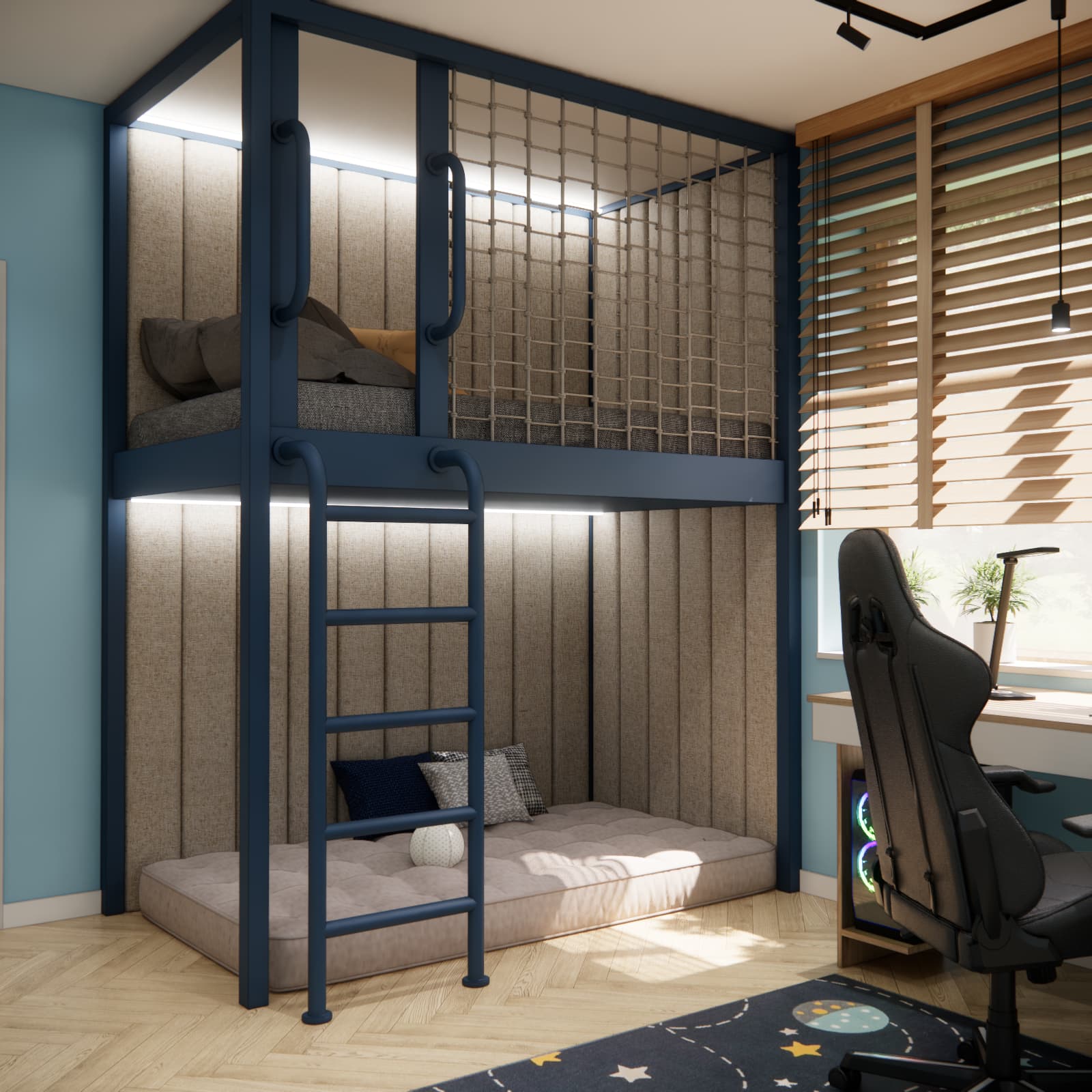 Navy loft bed with a ladder, rope-net guard and an upholstered relaxation area underneath