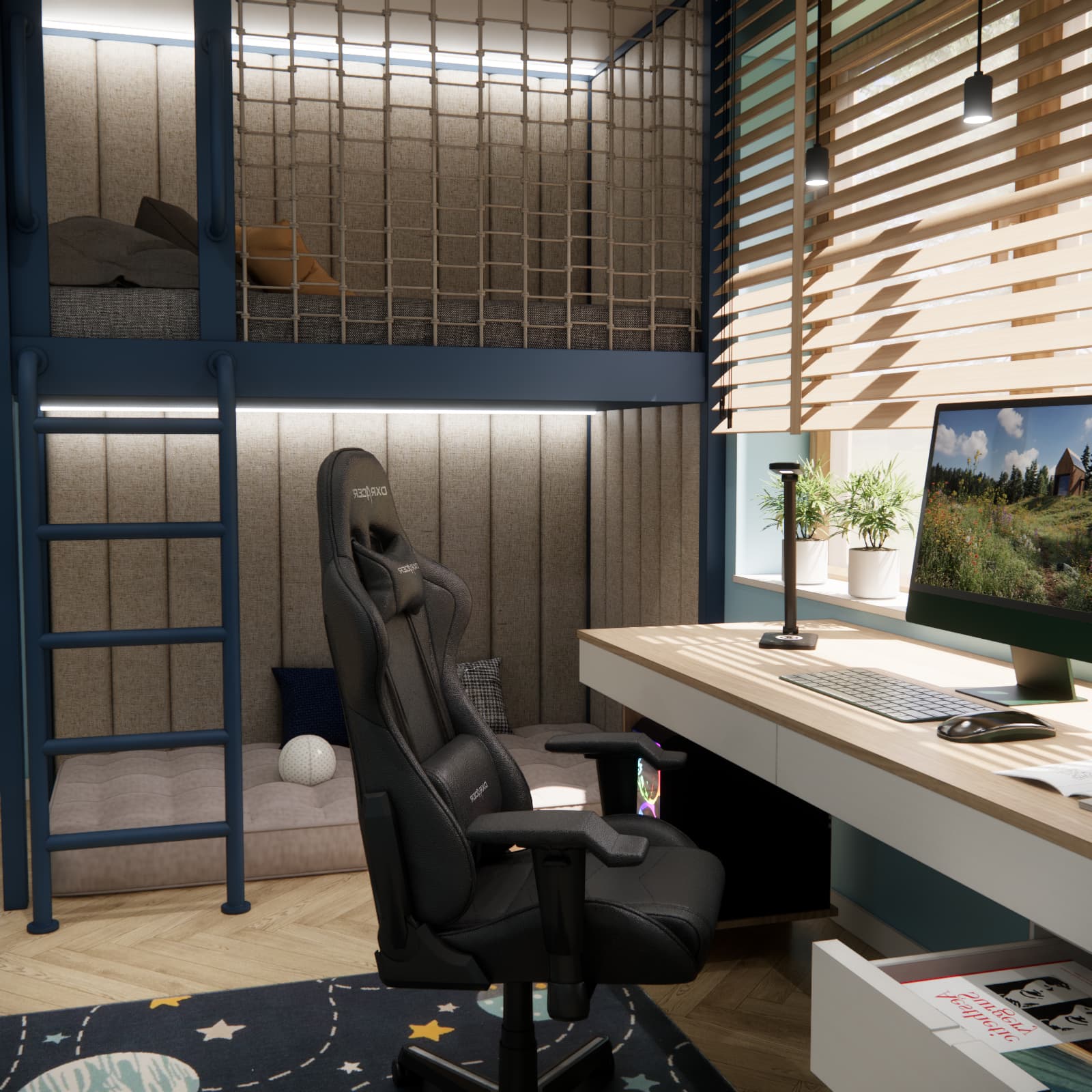 Study area beside a loft bed with illuminated upholstered wall panels
