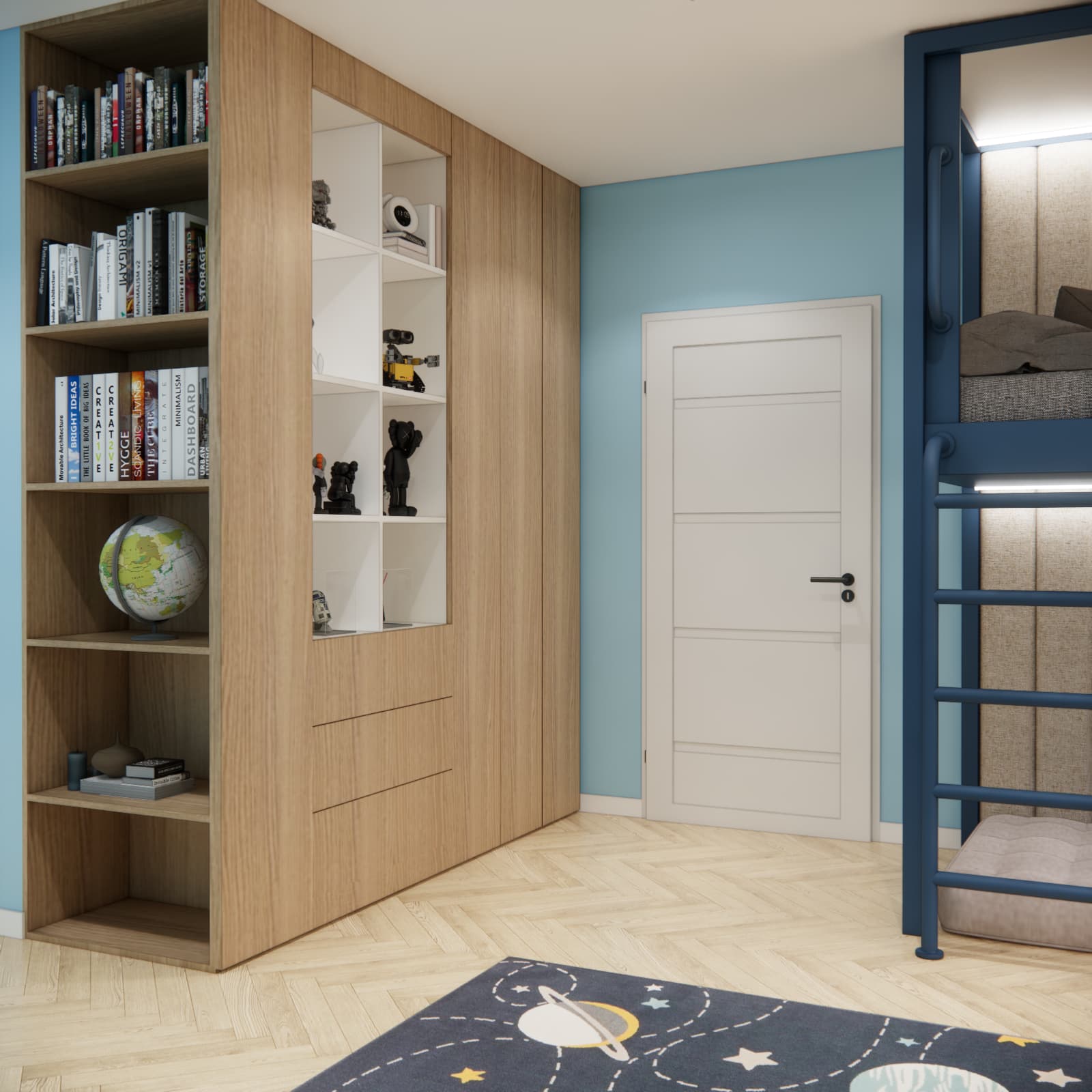 Tall wood-tone cabinetry with a bookcase, drawers and white display niches for figurines