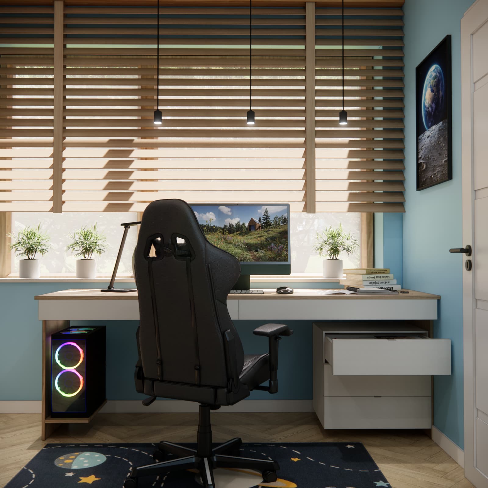 View of Dawid’s desk with space for a computer tower on the left and a drawer unit on the right