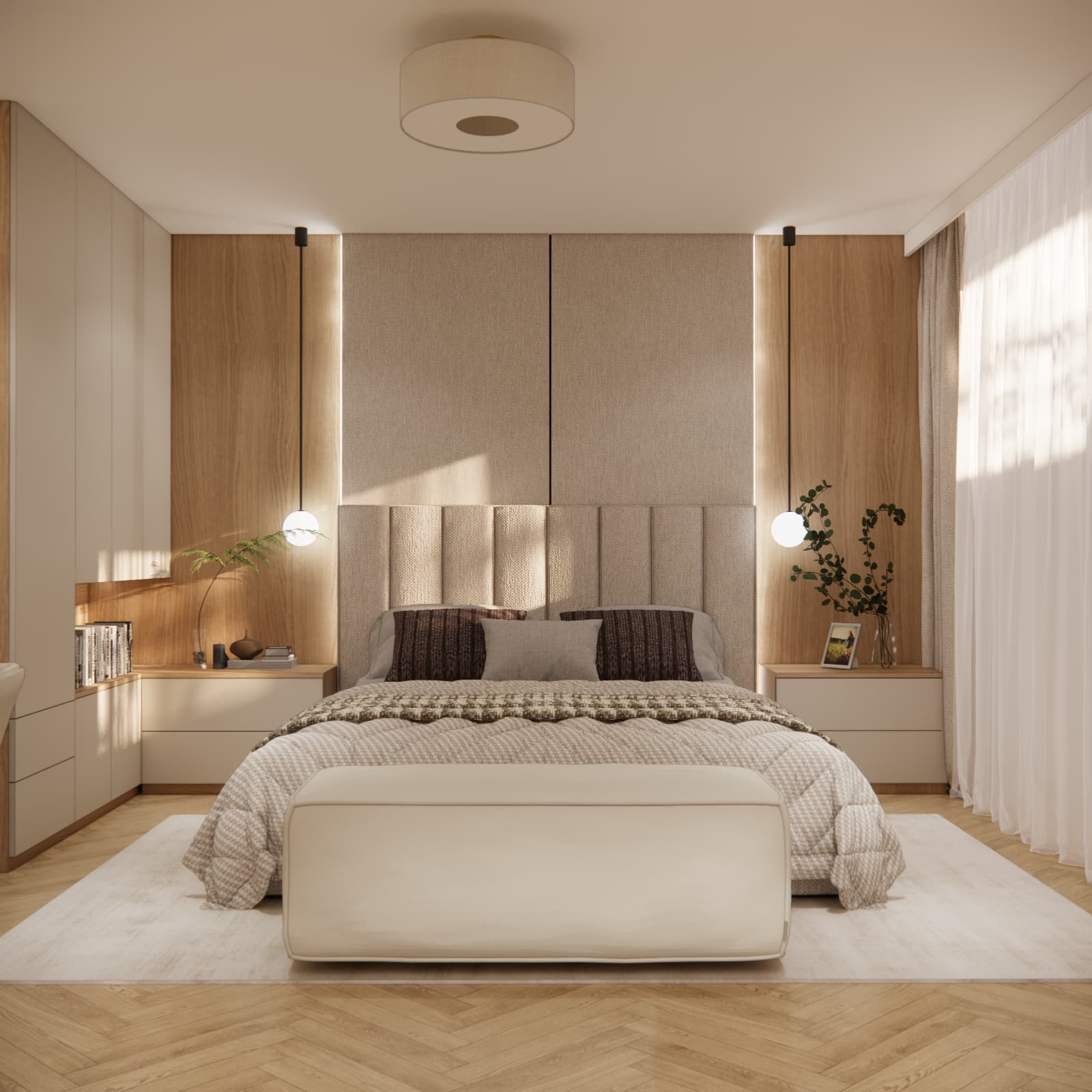 Jasna sypialnia 34 m² z tapicerowanym łóżkiem, ławką i podświetlaną ścianą za zagłówkiem