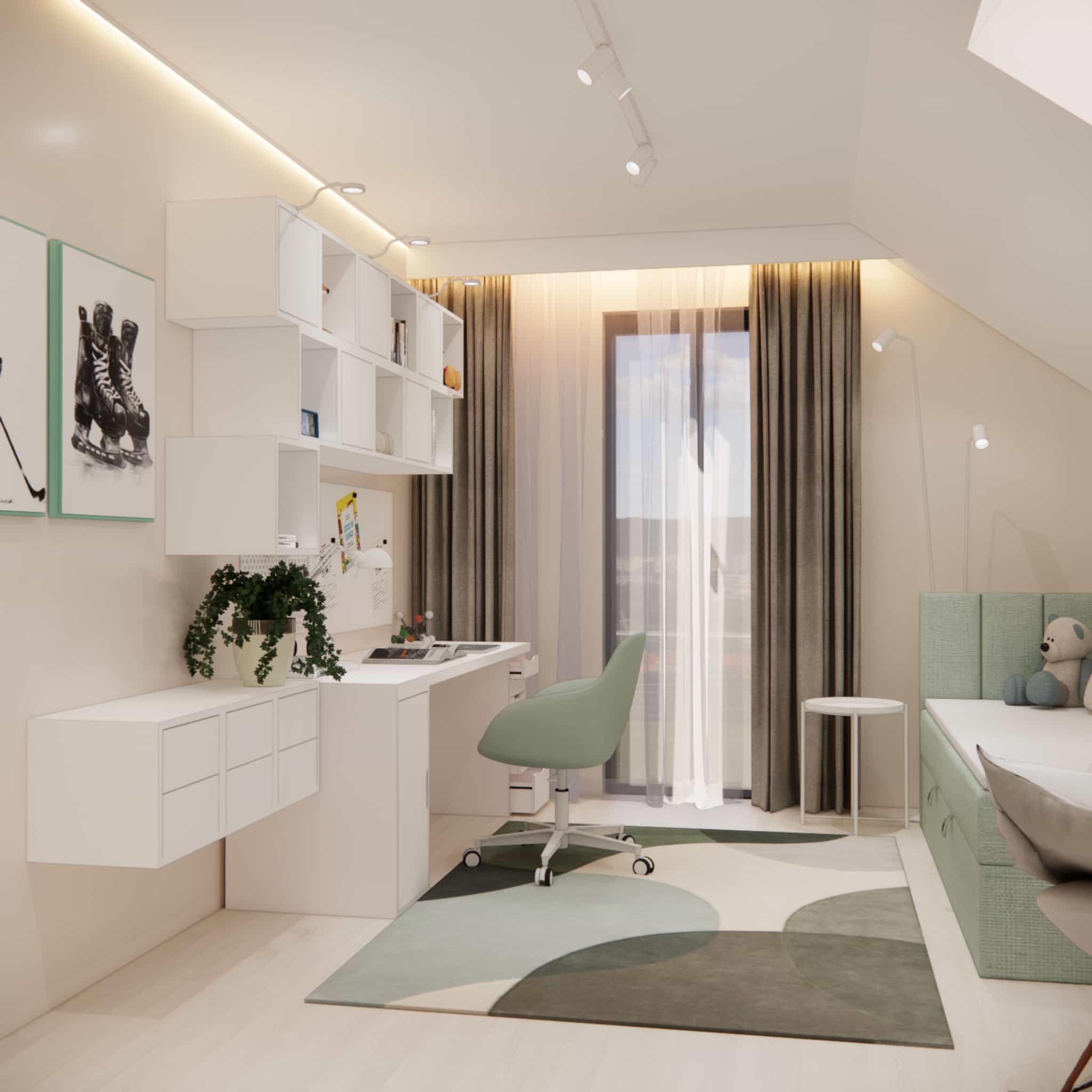 functional interior arrangement of a 17m2 children’s attic room with a clear division into study and sleeping zones