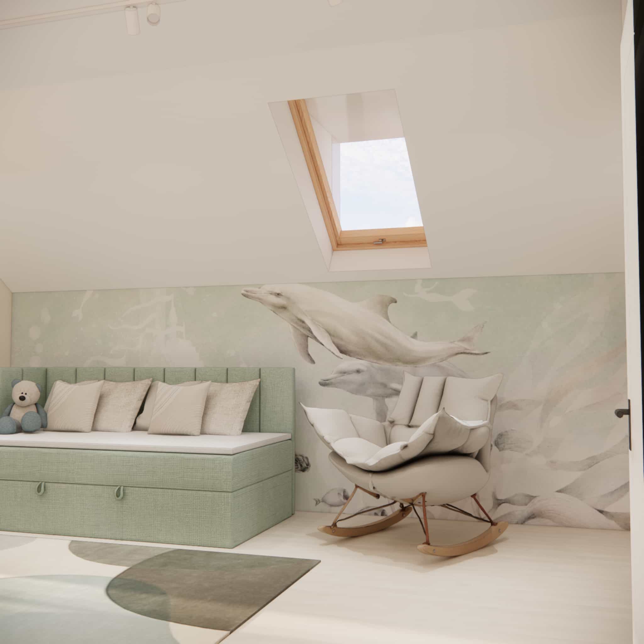 relaxation corner in a 7-year-old girl’s attic room with a comfortable armchair and a calm, light colour palette