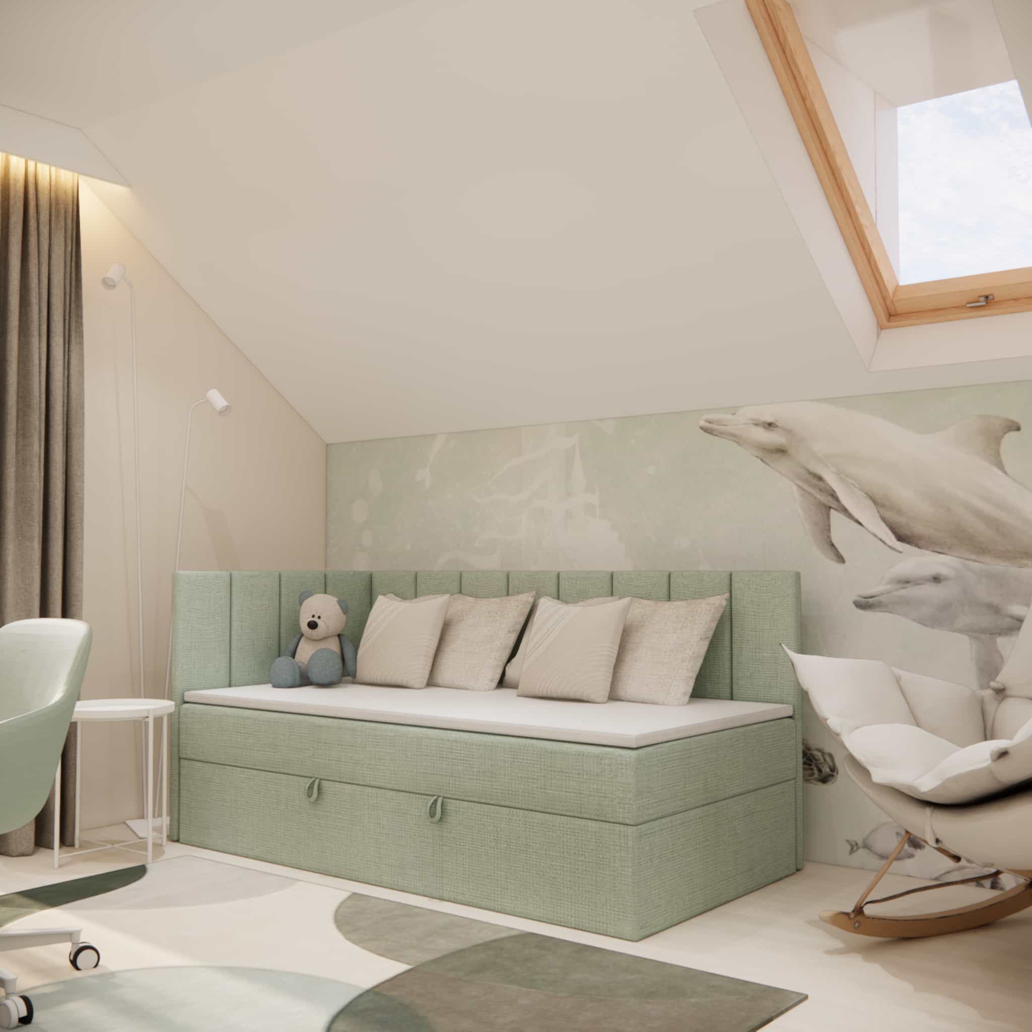 sleeping zone in a child’s attic room with a mint upholstered bed and a subtle dolphin wallpaper