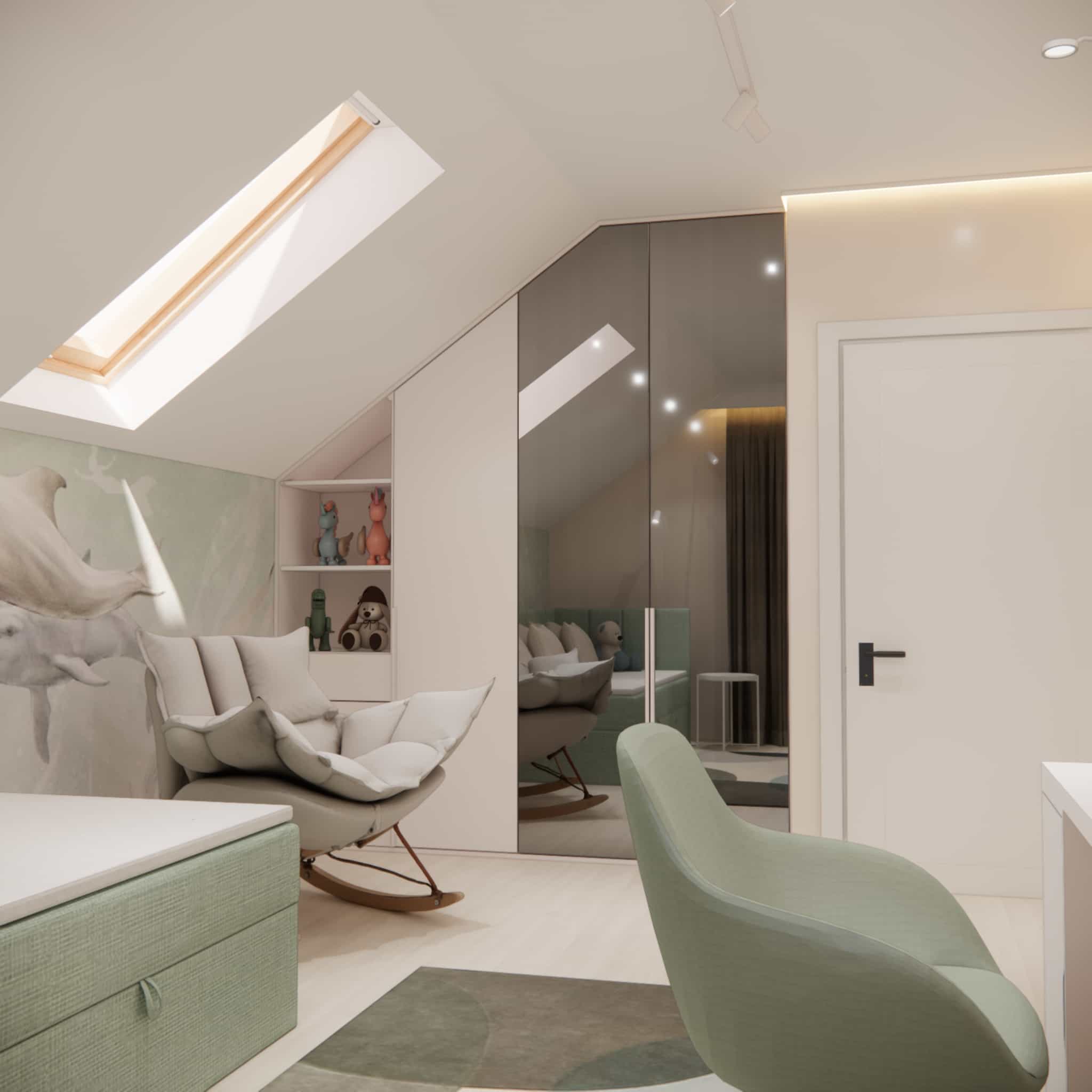 custom built-in furniture under a sloped ceiling in a girl’s attic room with wardrobe, shelves and storage space
