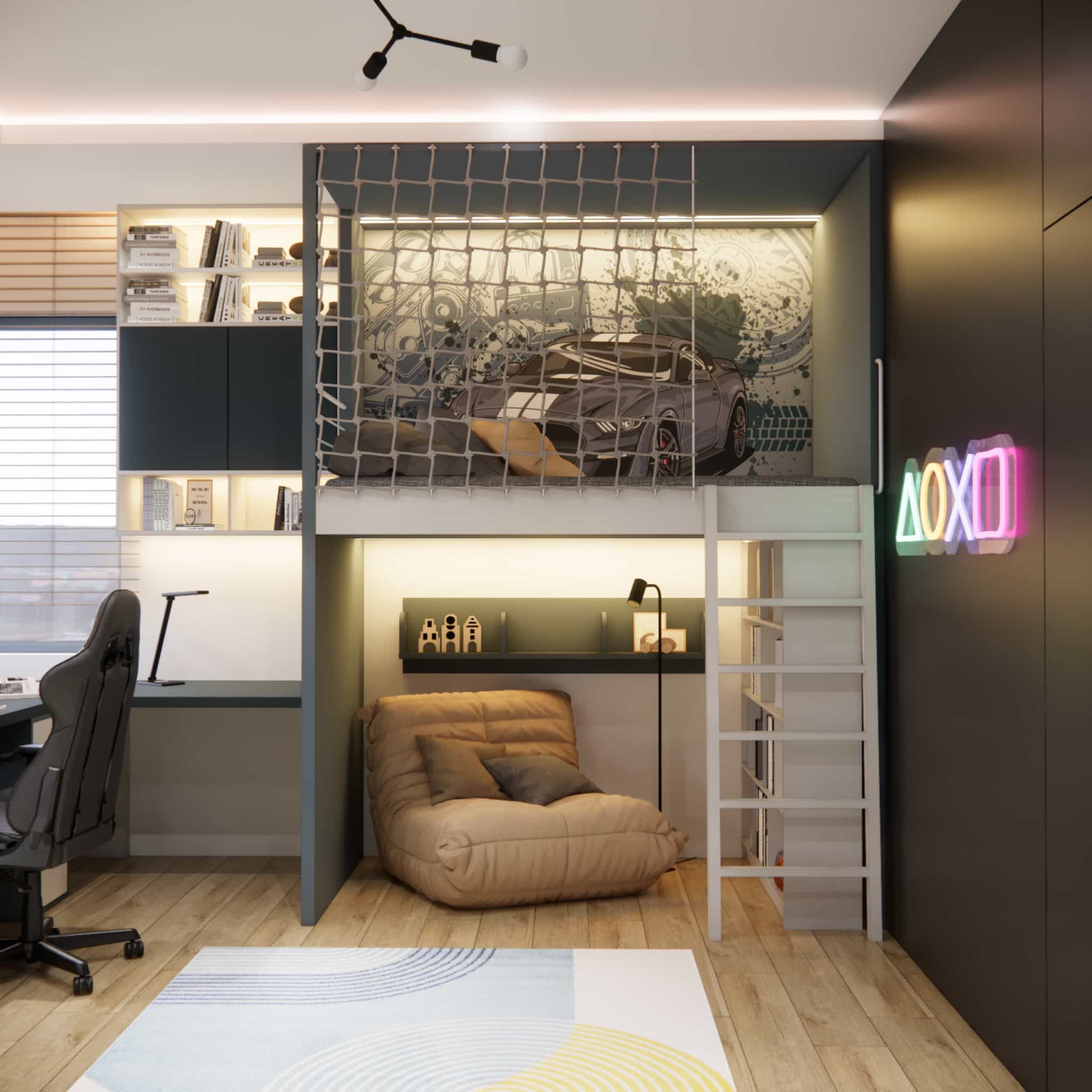 Mezzanine in an 8-year-old boy’s room with safety net and sleeping area