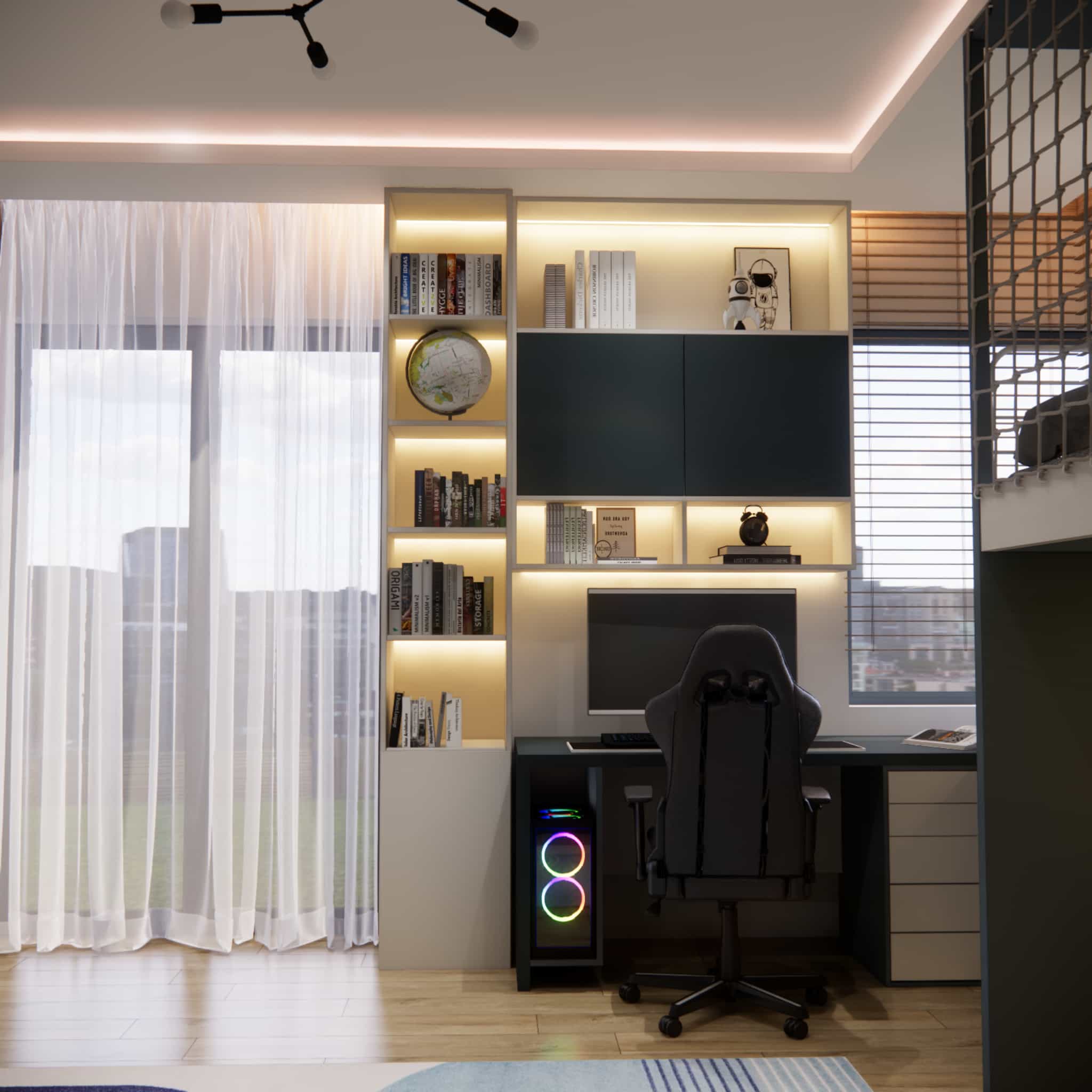 Modern gaming zone in a children’s room integrated with built-in furniture