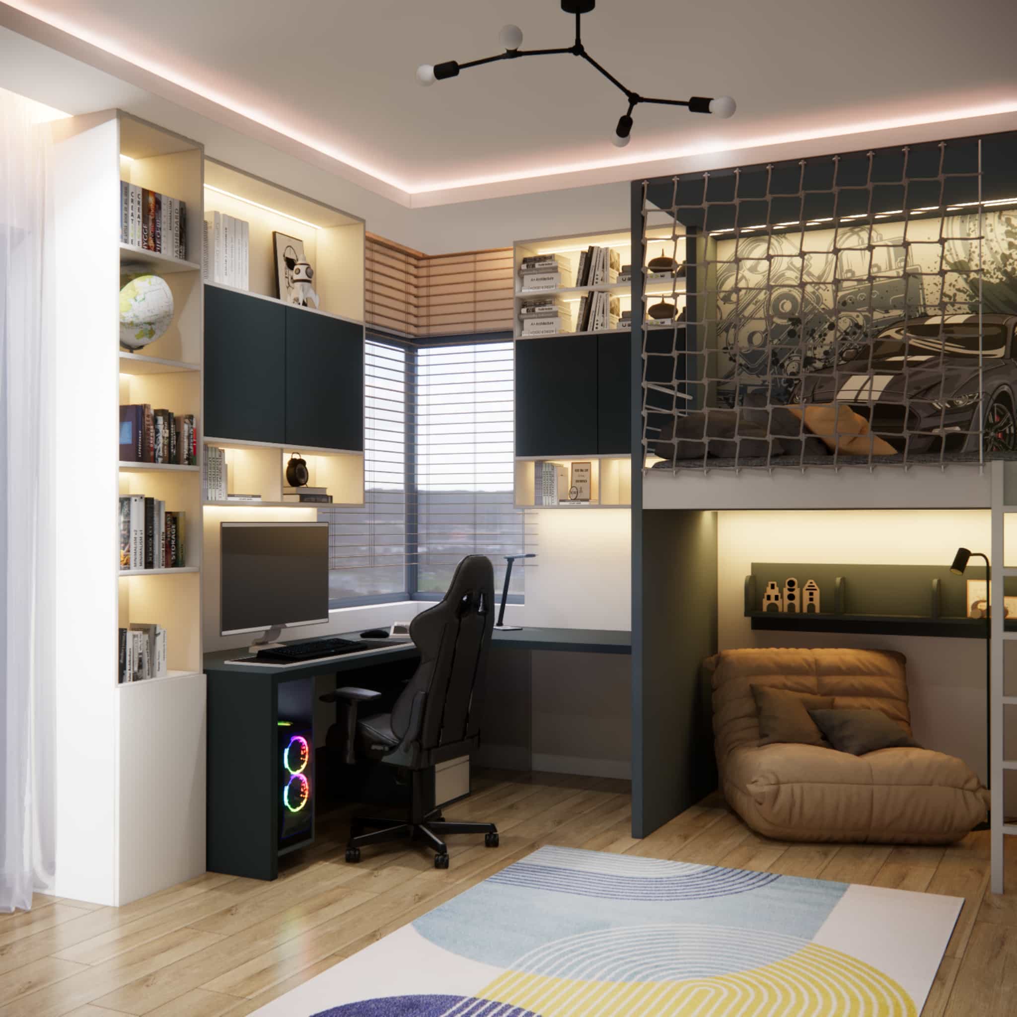 Study zone in an 18m2 children’s room with desk, built-in furniture and natural light