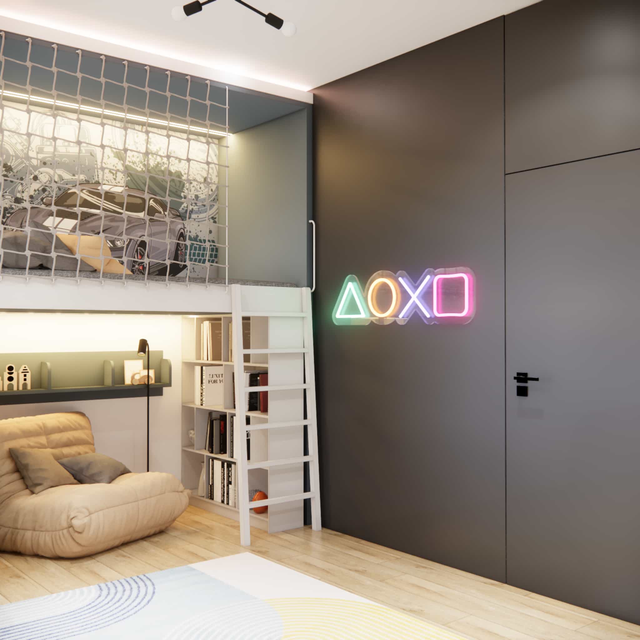 Relaxation zone under the mezzanine in a modern room for an 8-year-old boy