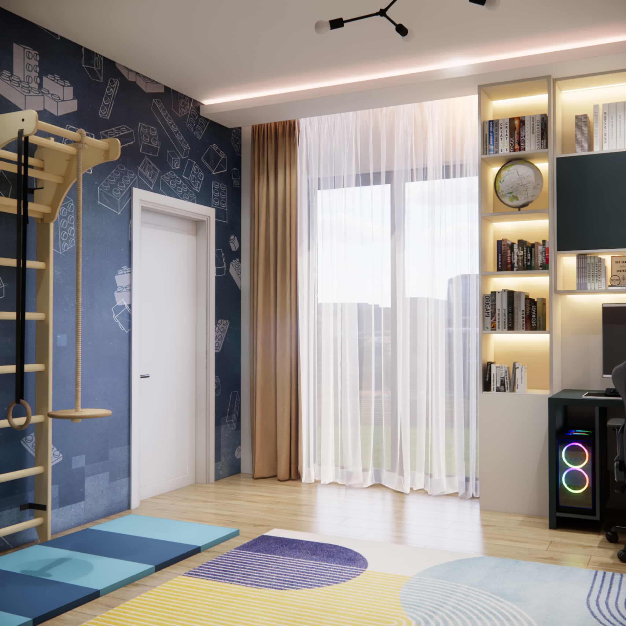 Play and activity zone in an 8-year-old boy’s room with ladder, LEGO wallpaper and space for movement