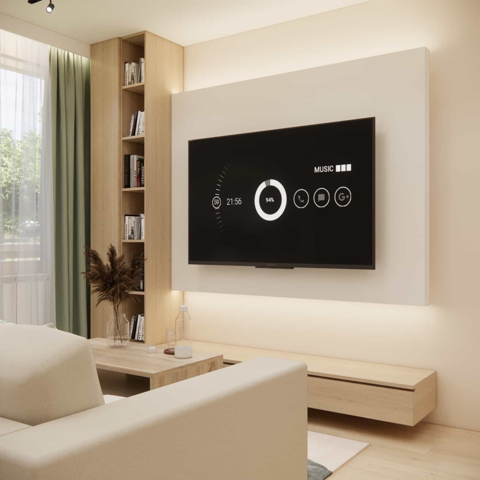 Material details in a 22m2 living room with a kitchenette – wood, matte fronts and natural textures