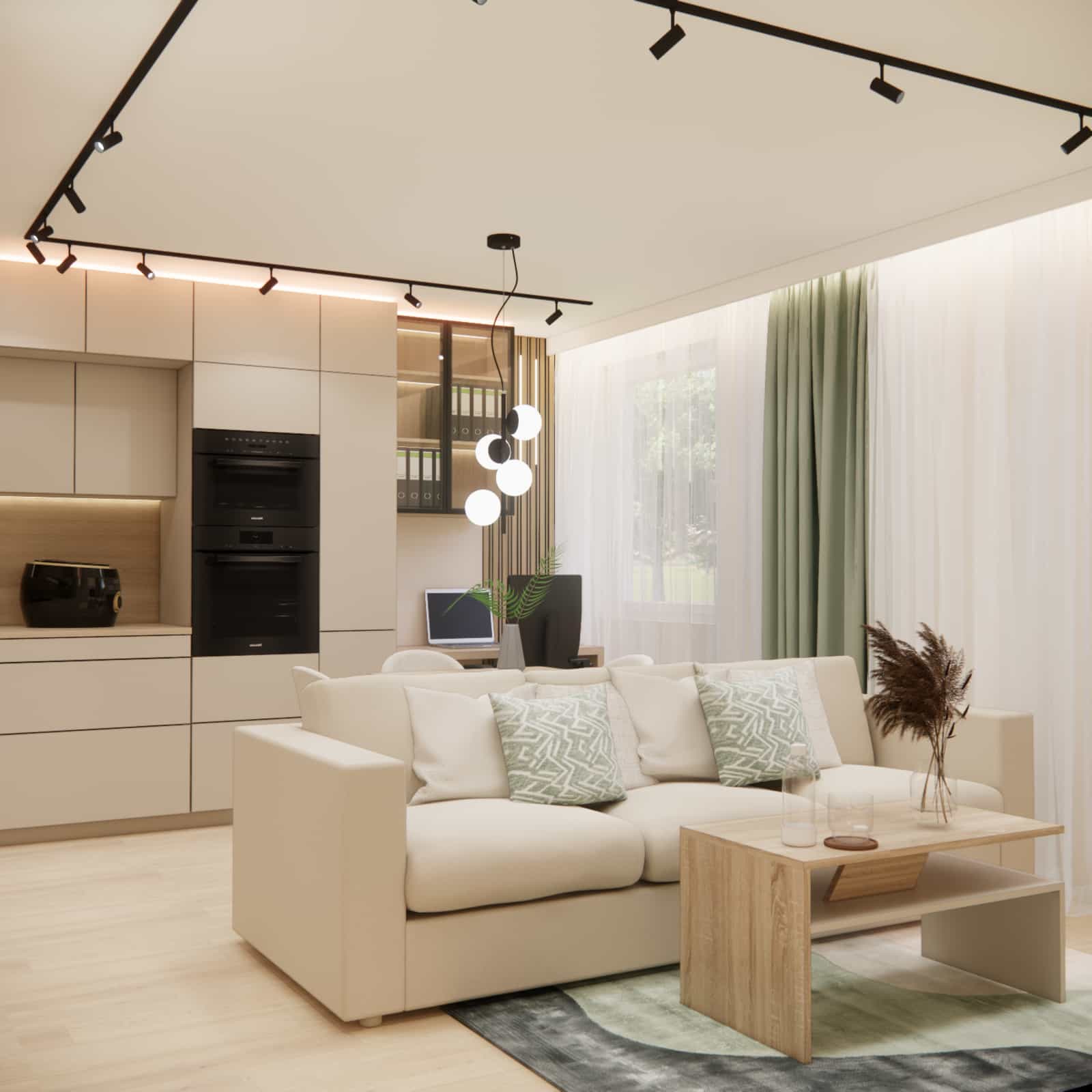 Bright 22m2 living room with a kitchenette – natural light, greenery and a cozy atmosphere