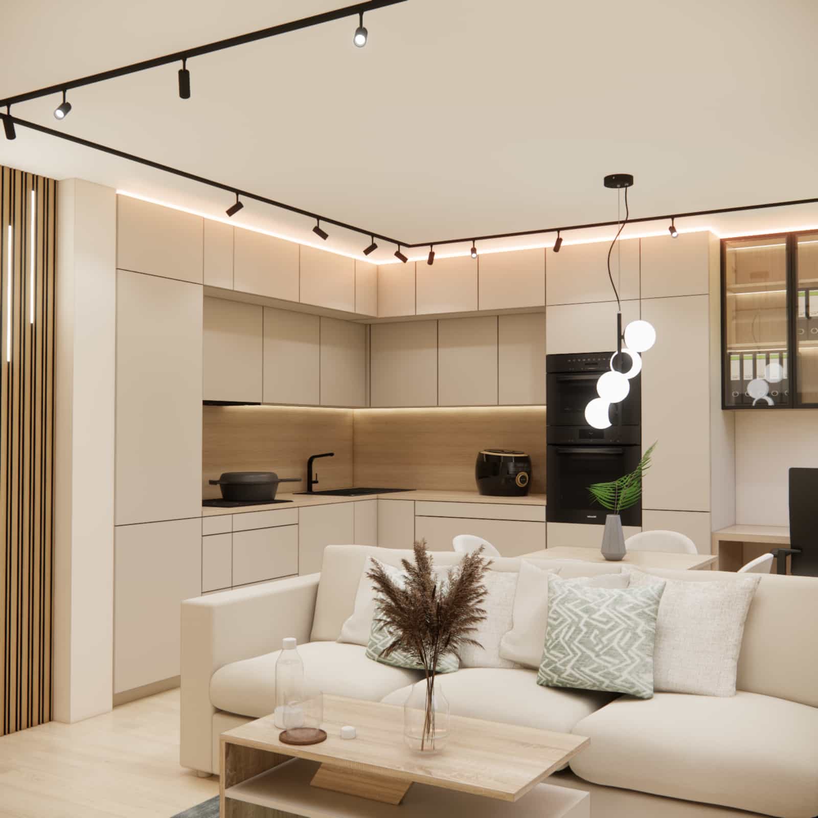 Color palette of a 22m2 living room with a kitchenette – cashmere, green and warm wood in a modern interior