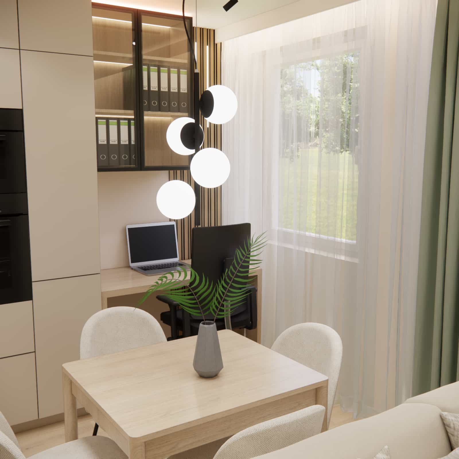 Workspace in a 22m2 living room with a kitchenette – ergonomic desk next to the kitchen