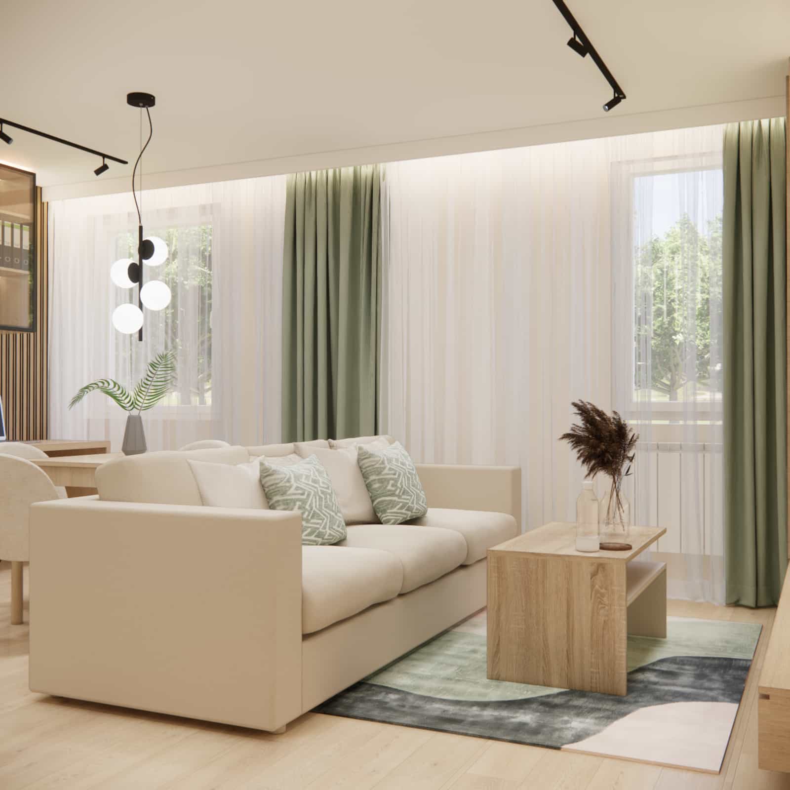 22m2 living room with a kitchenette in cashmere, green and wood – modern interior design