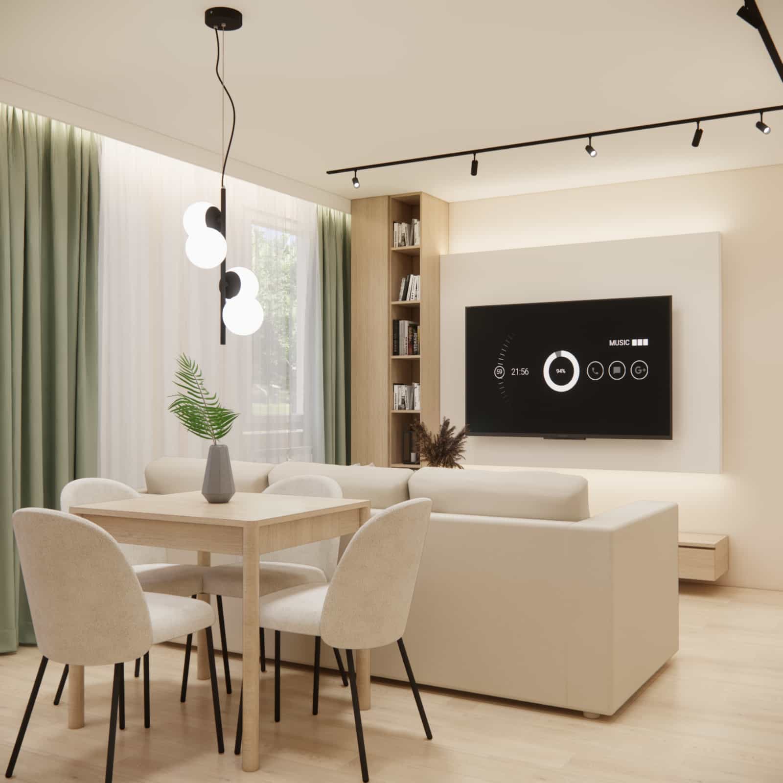 TV zone in a 22m2 living room with a kitchenette – minimalist cabinetry and bright interior