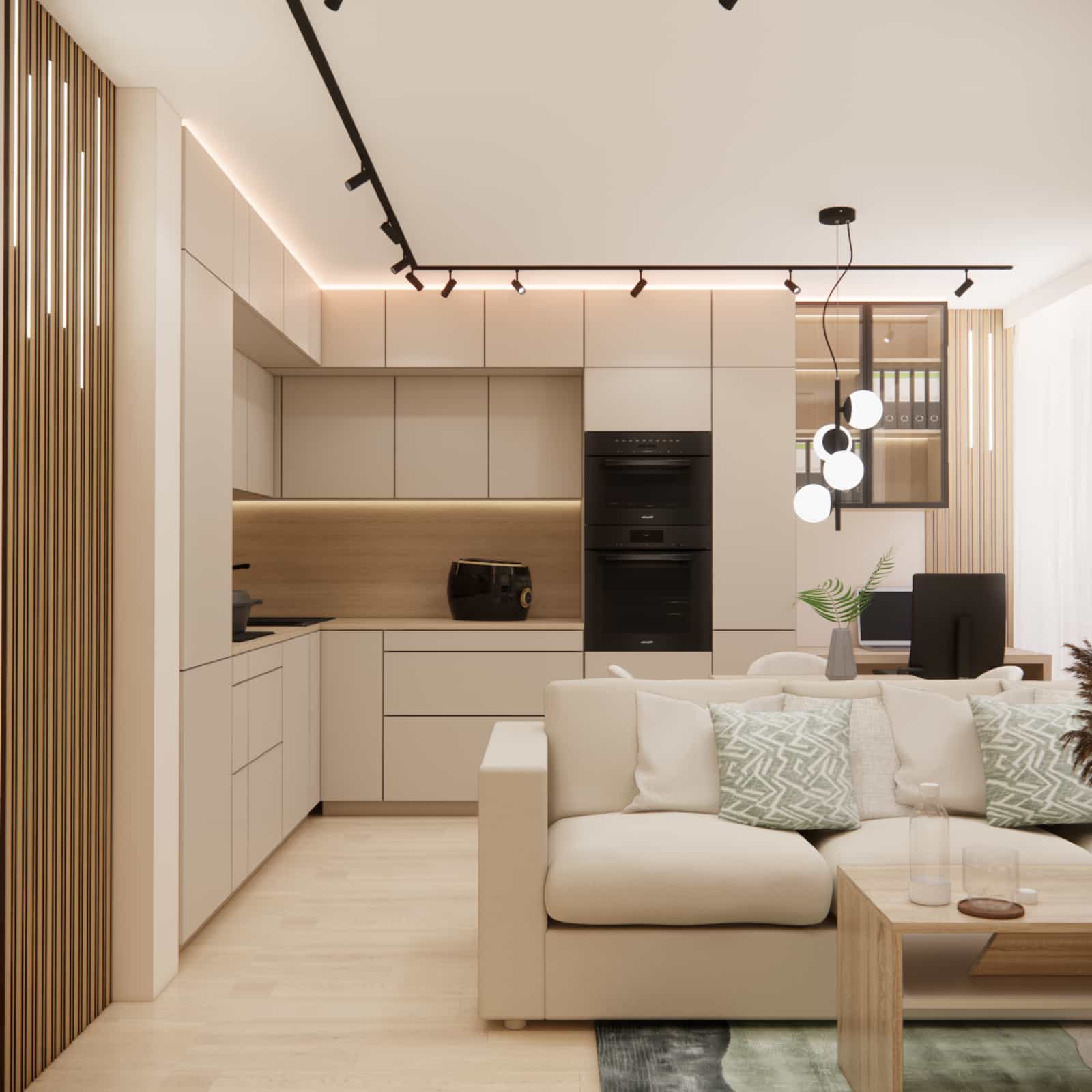 Functional zones in a 22m2 living room with a kitchenette – lounge, dining area and workspace