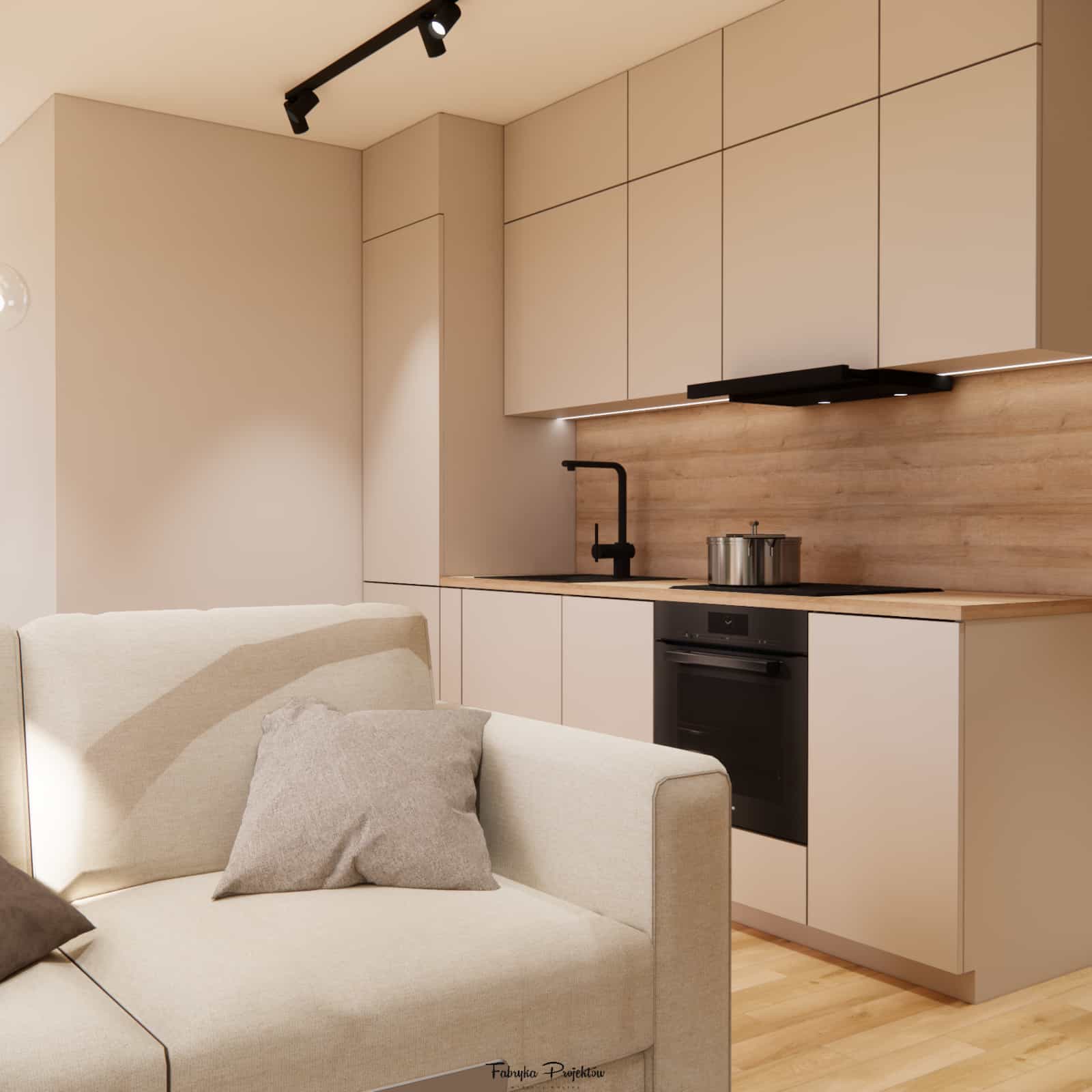 Material details in a 35m2 apartment – bright kitchen with wood