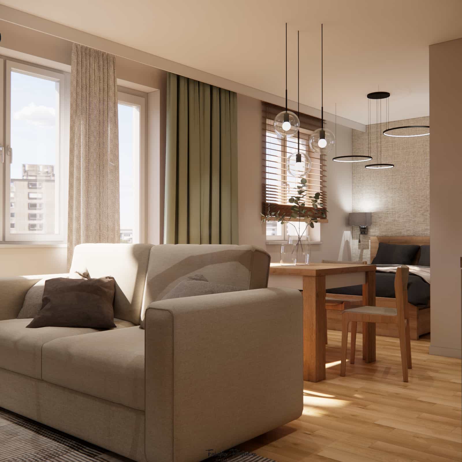 Bright interior color palette – beiges and wood in a 35m2 apartment