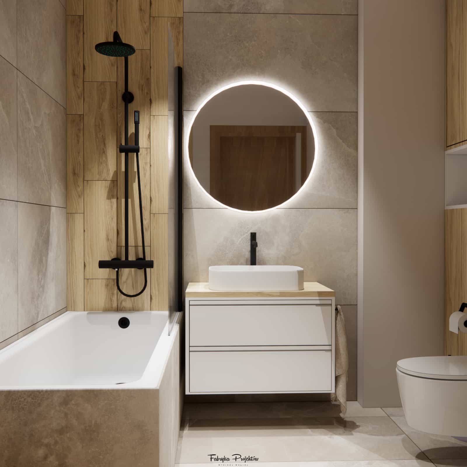 Bathroom design in a 35m2 apartment – modern arrangement with a bathtub