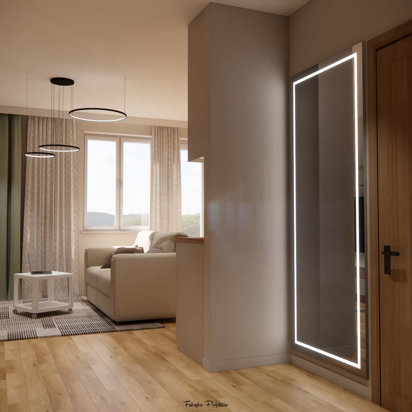 35m2 apartment design – modern living room with kitchenette